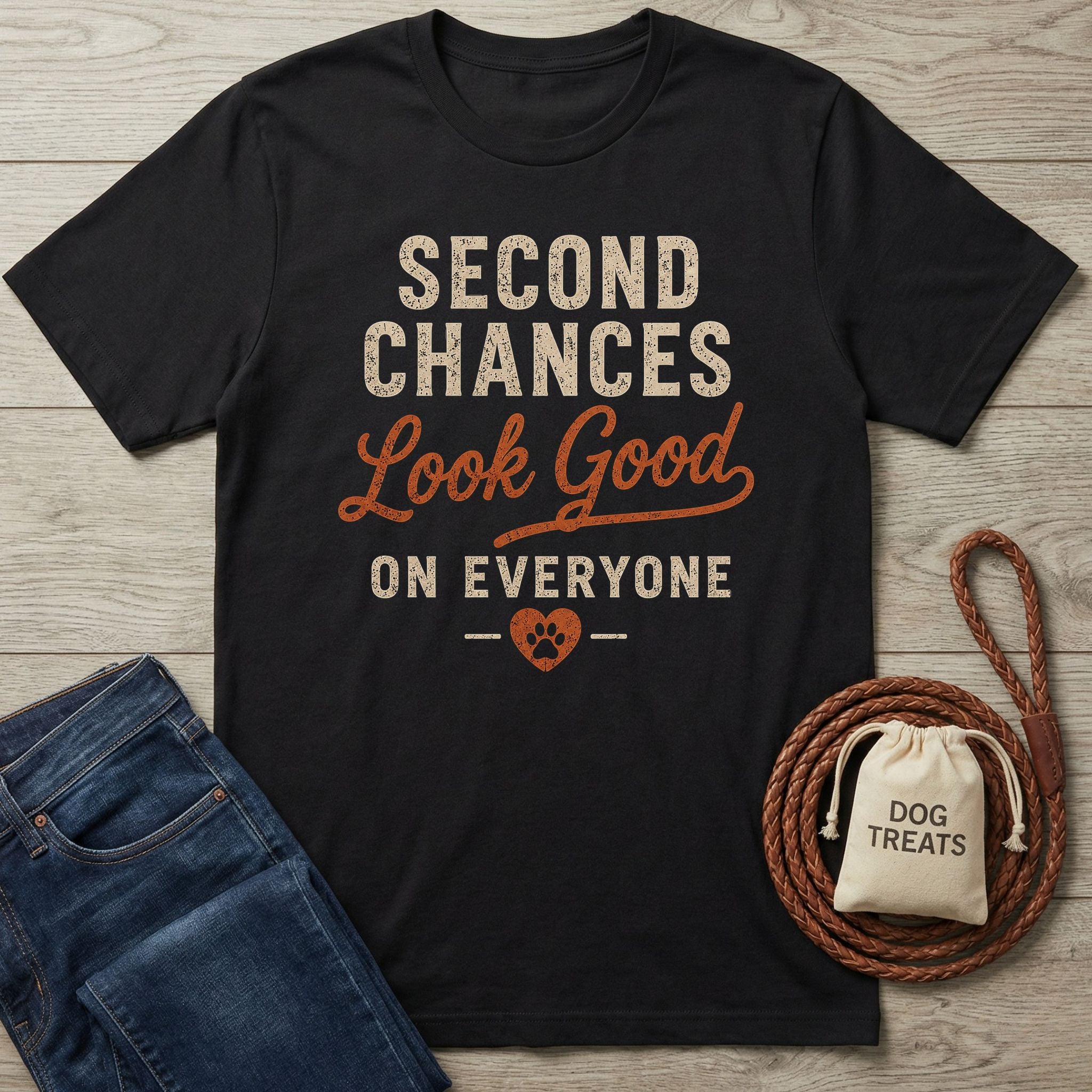 Black cotton t-shirt featuring distressed text reading Second Chances Look Good On Everyone with a paw print heart.