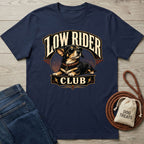 Navy blue crewneck t-shirt featuring a graphic of a cool dog in sunglasses with the text Low Rider Club.