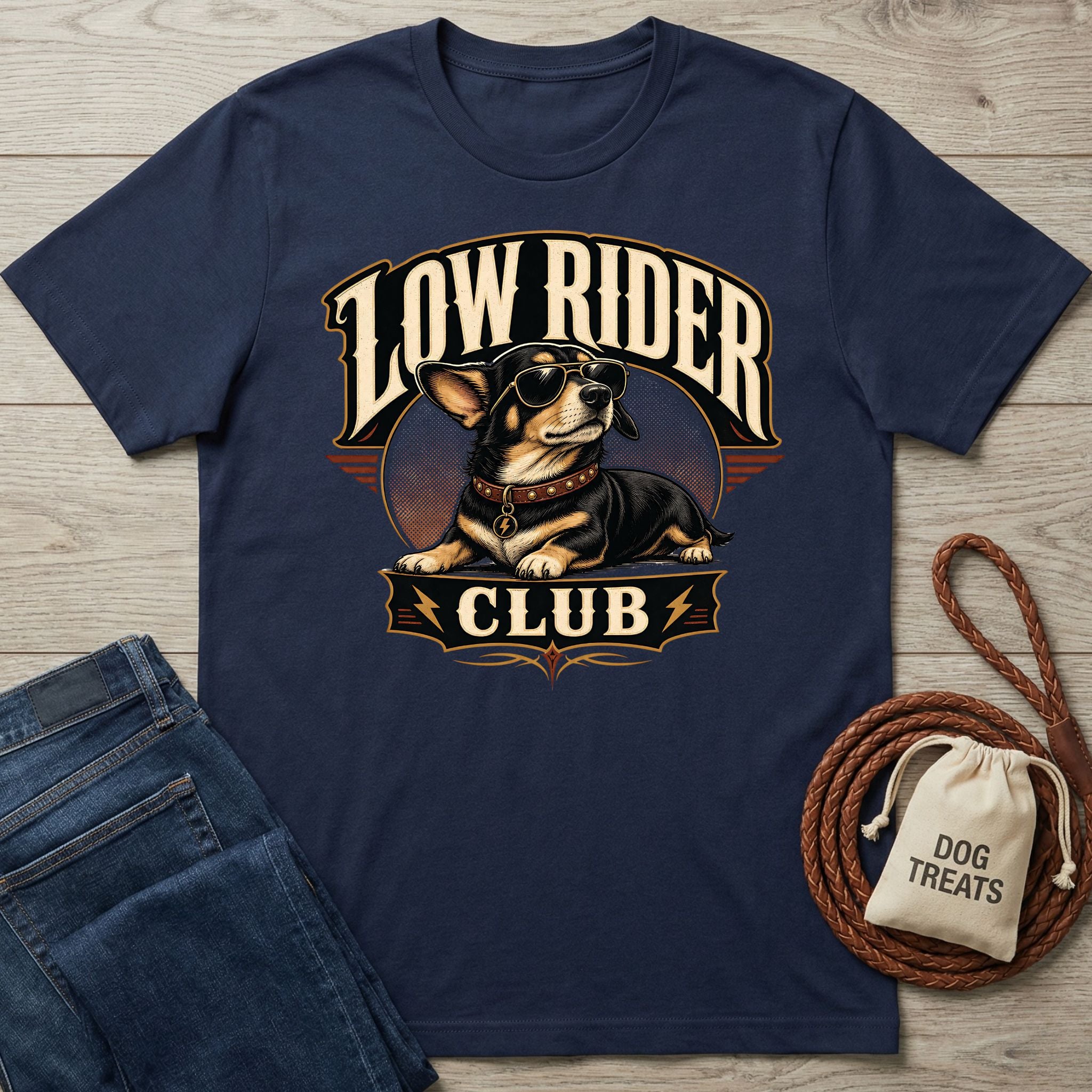Navy blue crewneck t-shirt featuring a graphic of a cool dog in sunglasses with the text Low Rider Club.