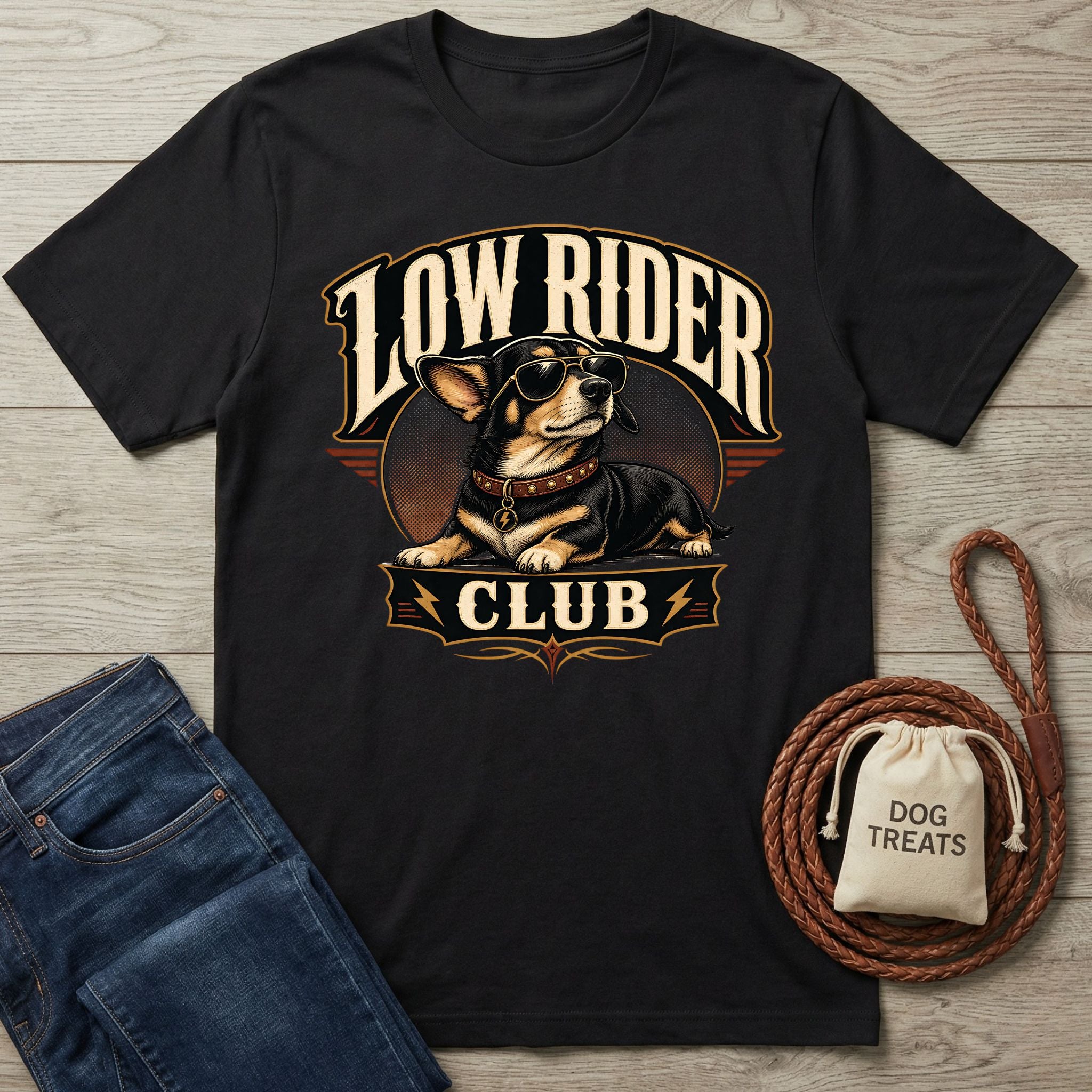 Black crewneck t-shirt featuring a graphic of a cool dog in sunglasses with the text Low Rider Club in vintage style.