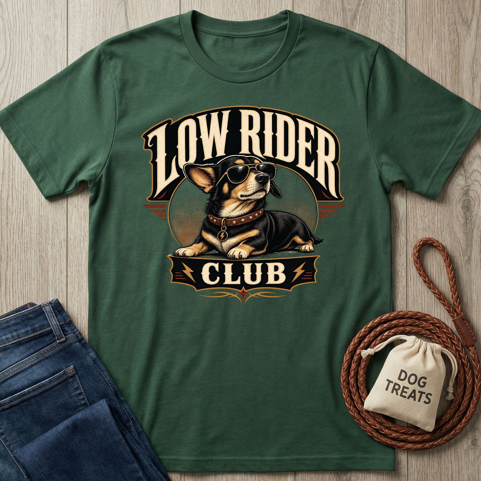 Forest green cotton t-shirt featuring a graphic of a cool dog in sunglasses with the text Low Rider Club.