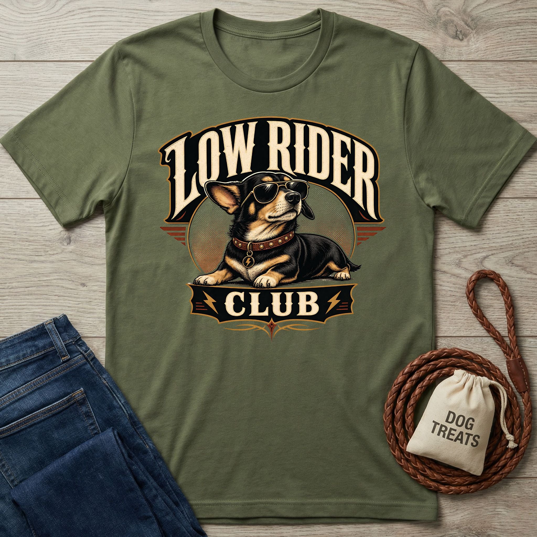 Olive green crewneck t-shirt featuring a graphic of a cool dog in sunglasses with the text Low Rider Club.
