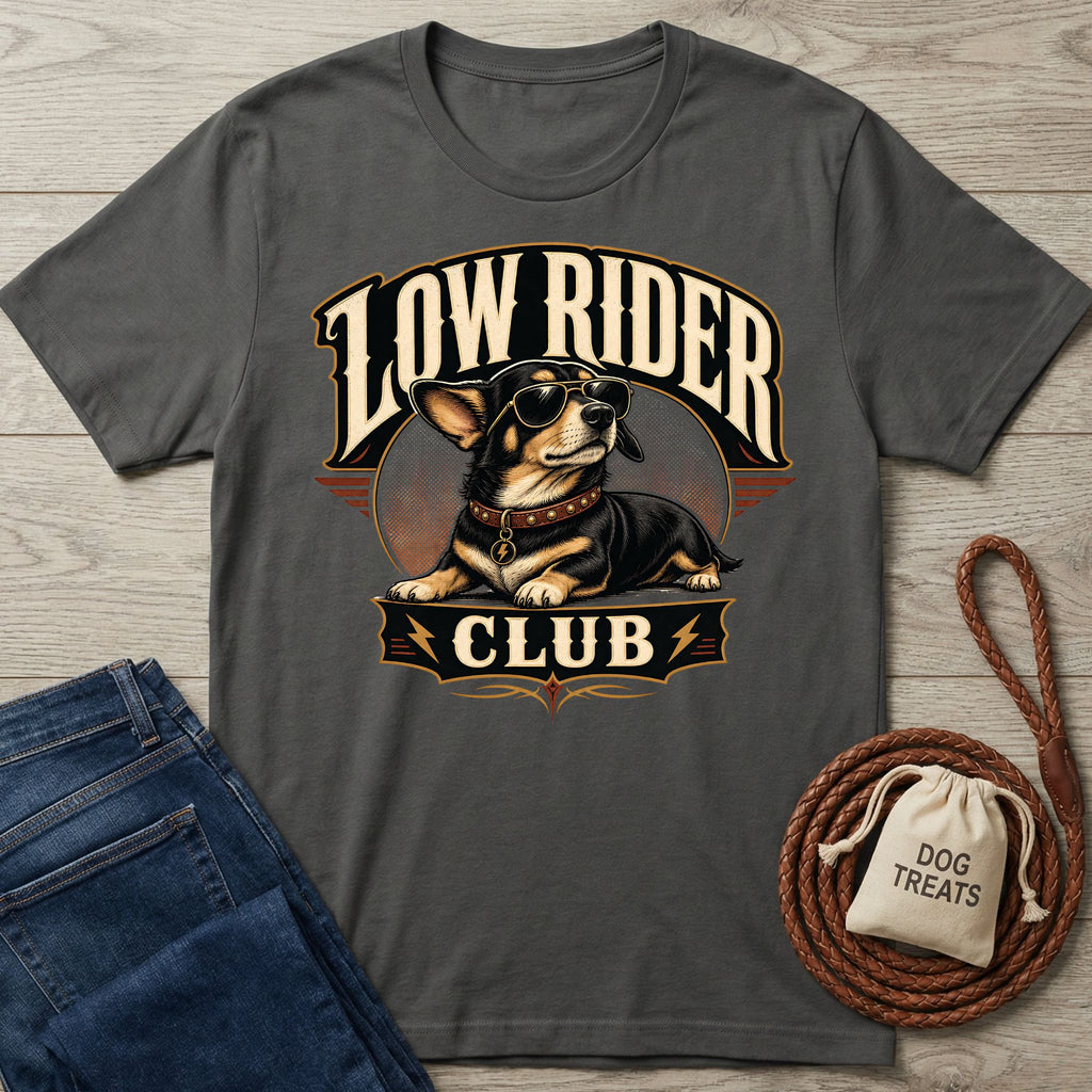 Charcoal gray t-shirt featuring a graphic of a cool dog in sunglasses with the text Low Rider Club.