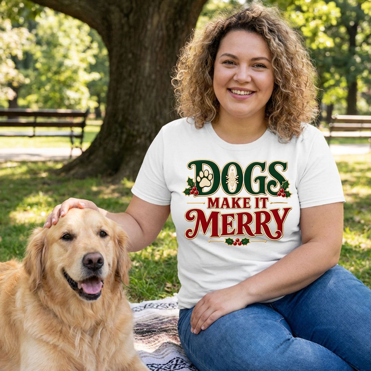 Woman wearing a white T-shirt with vintage-style Dogs Make It Merry text, holly, and paw prints, sitting with a golden retriever.
