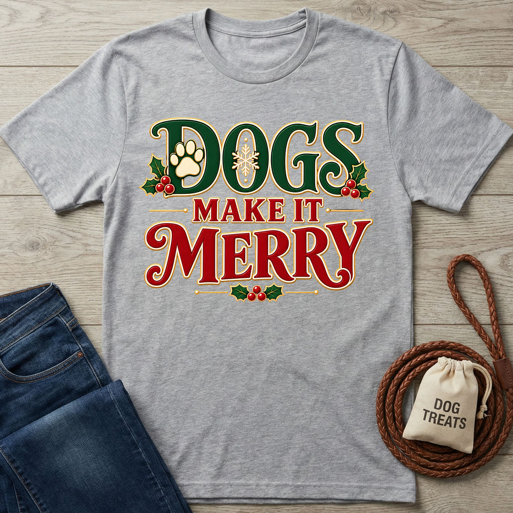 Grey crewneck T-shirt featuring vintage-style Dogs Make It Merry text, holly, and paw print holiday graphics.