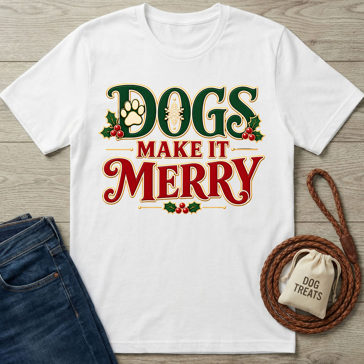 White crewneck T-shirt with vintage-style red and green Dogs Make It Merry holiday lettering, holly, and paw print.
