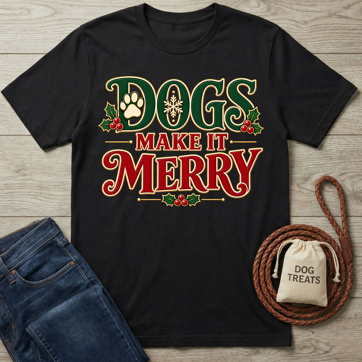 Black crewneck T-shirt with vintage-style Christmas lettering, holly, and paw print graphics, displayed on a wooden surface.