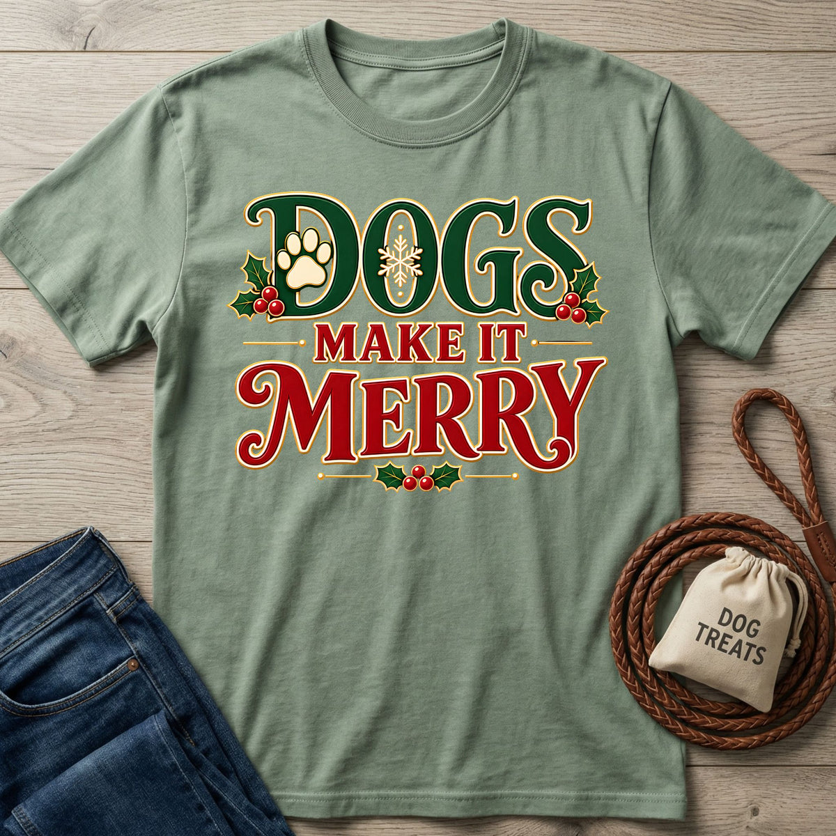 Sage green crewneck T-shirt with vintage-style Dogs Make It Merry holiday text, holly, and paw print graphics.