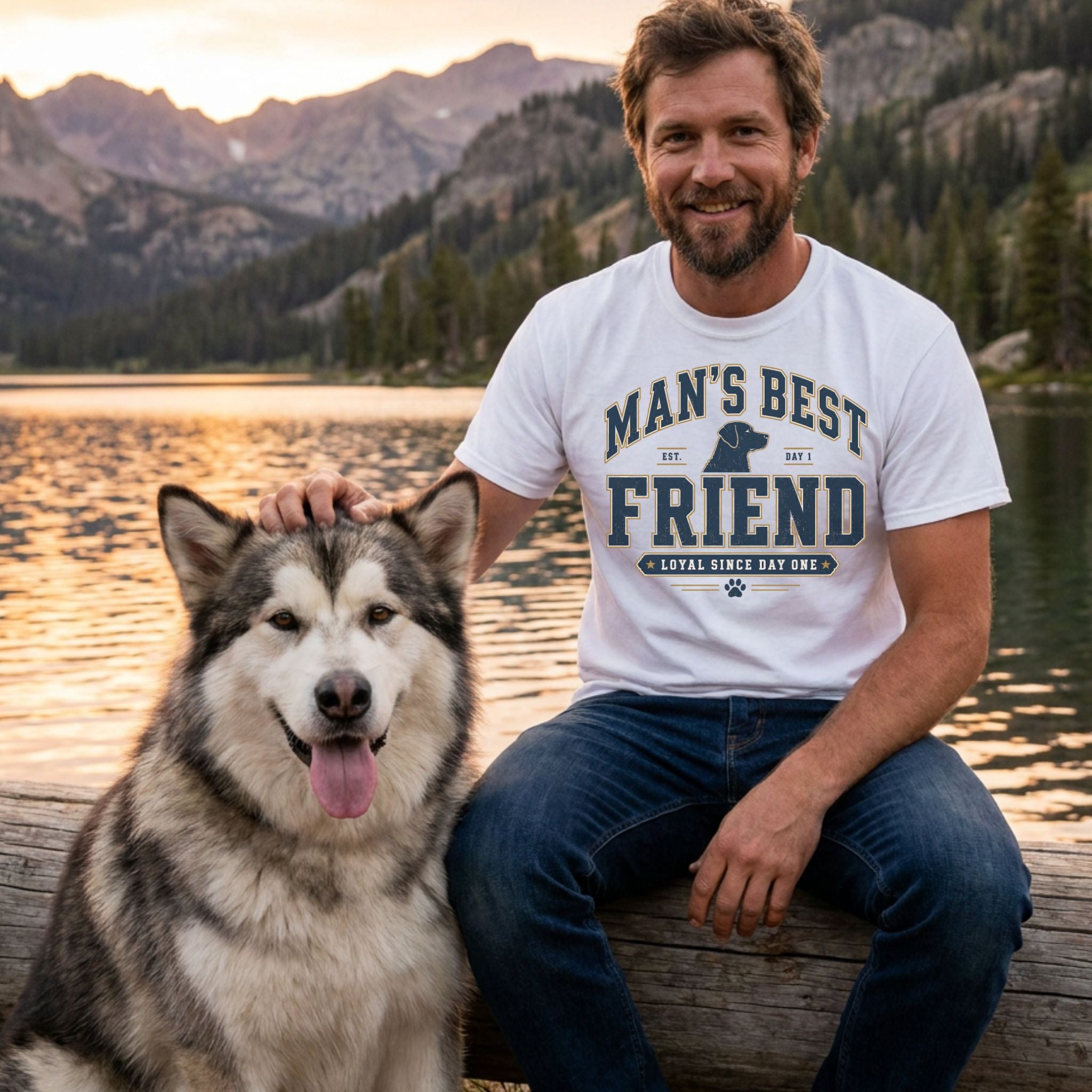 Man wearing a white crew neck t-shirt with Man's Best Friend graphic, sitting on a log by a lake with his dog.