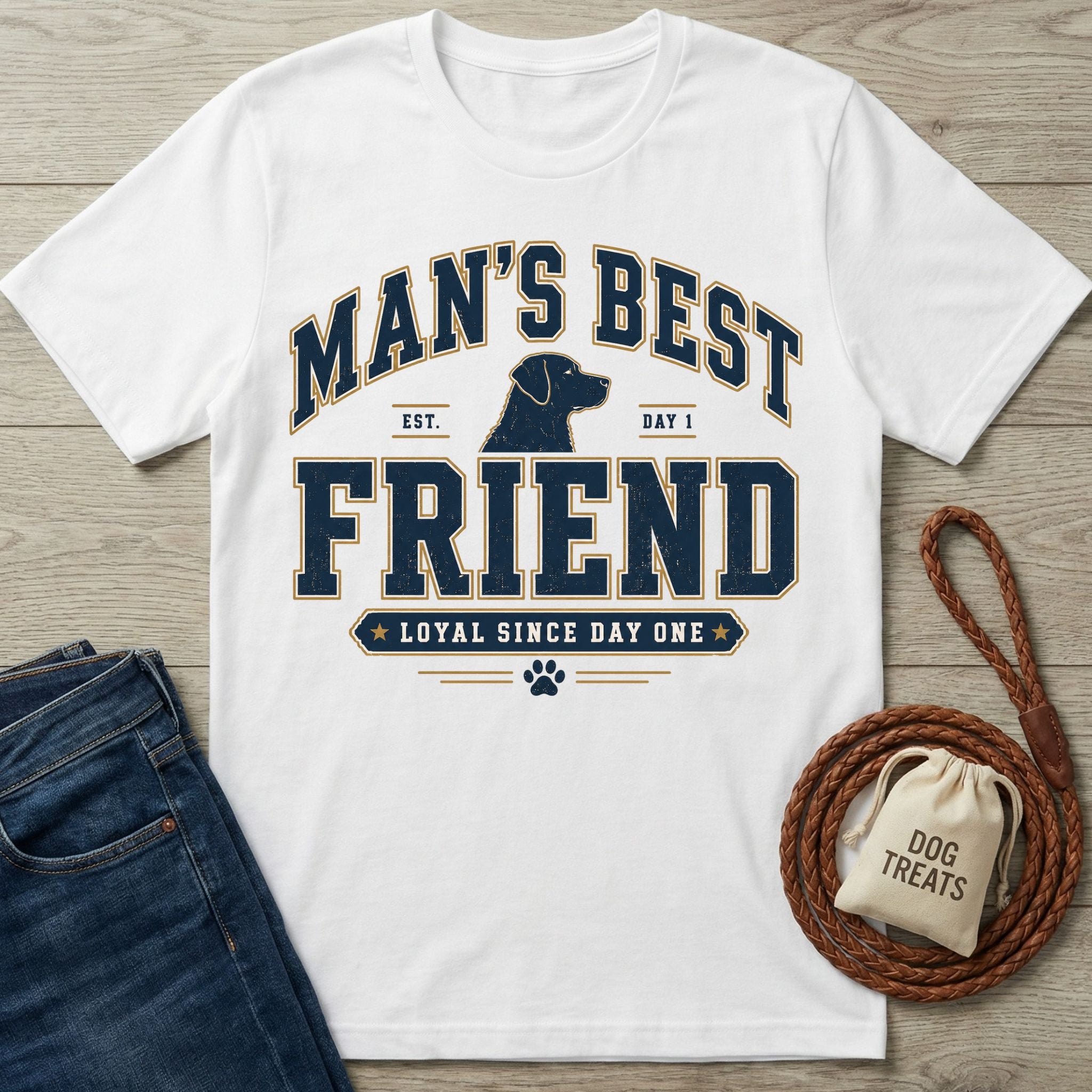 White crew neck t-shirt featuring a navy and gold Man's Best Friend dog graphic with a paw print on a wooden background.