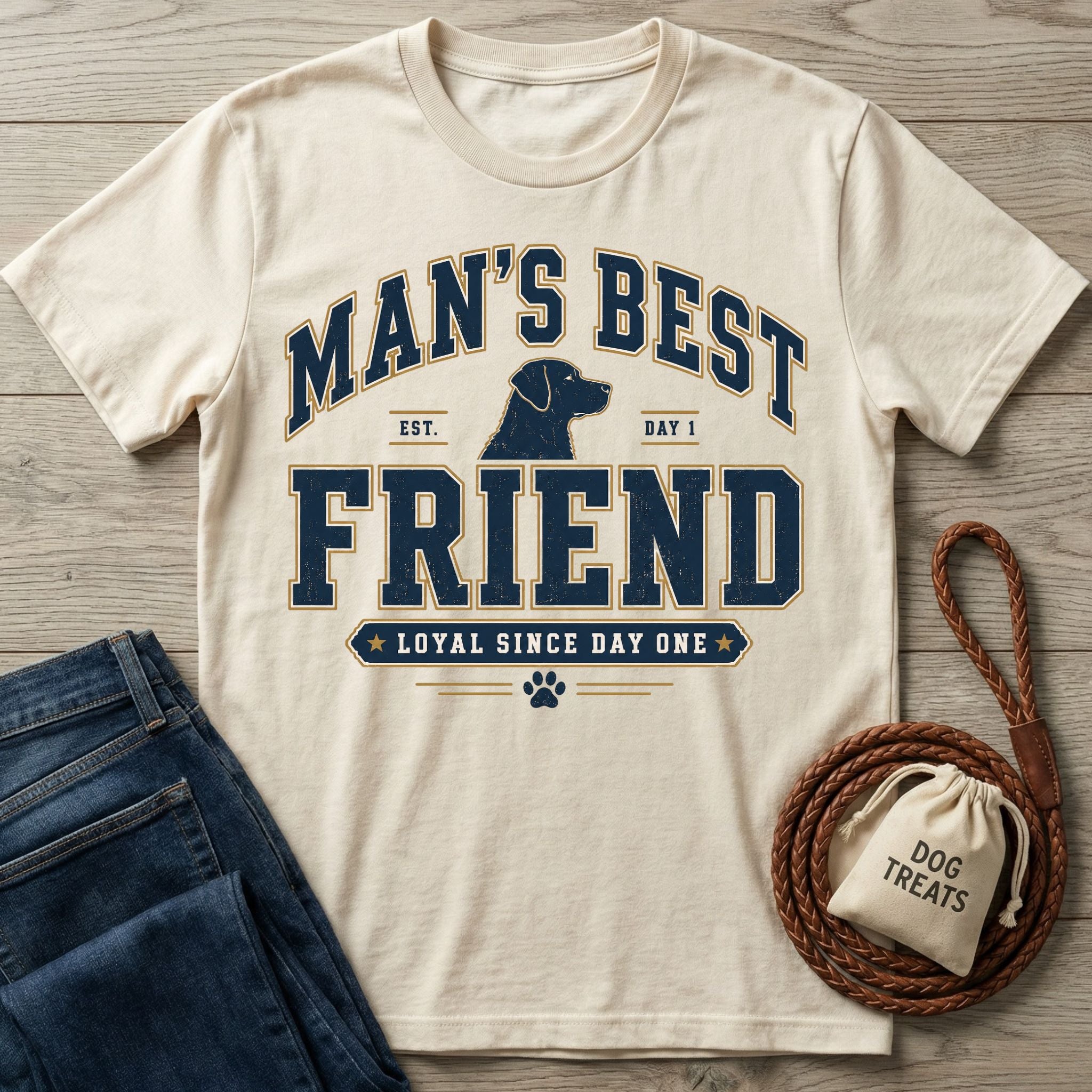 Cream-colored crew neck t-shirt featuring a navy blue Man's Best Friend dog graphic with a paw print on a wooden background.