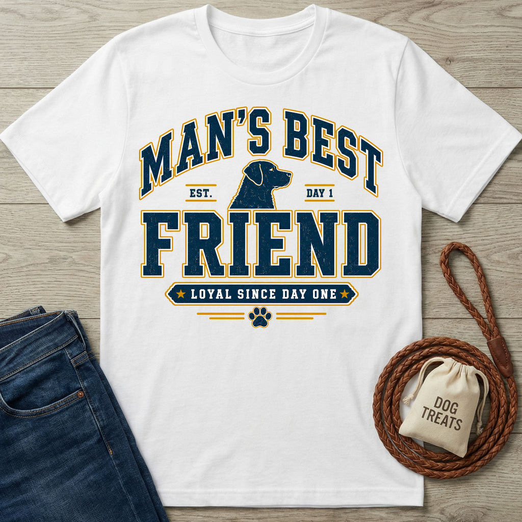 White crew neck t-shirt featuring a navy and gold Man's Best Friend dog graphic with a paw print on a wooden background.