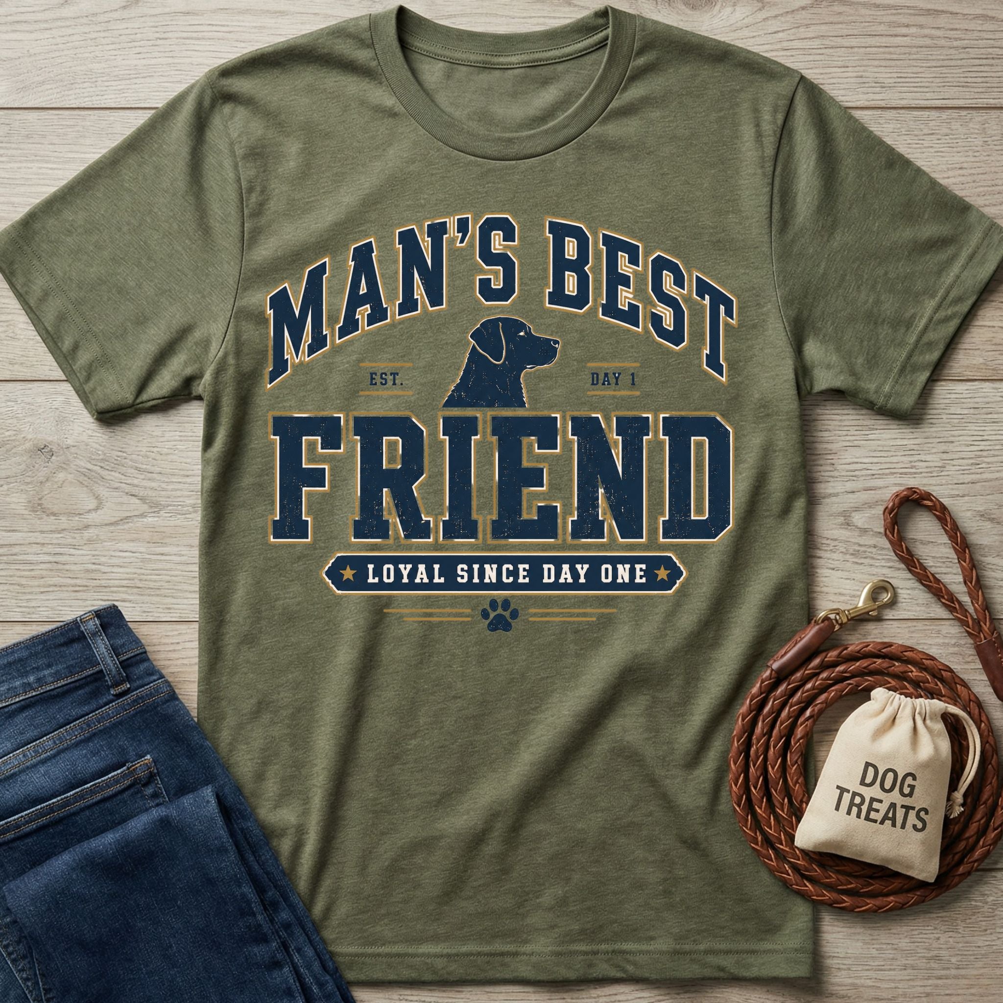 Olive green cotton t-shirt featuring a navy and gold Man's Best Friend dog graphic with a paw print on a wooden background.