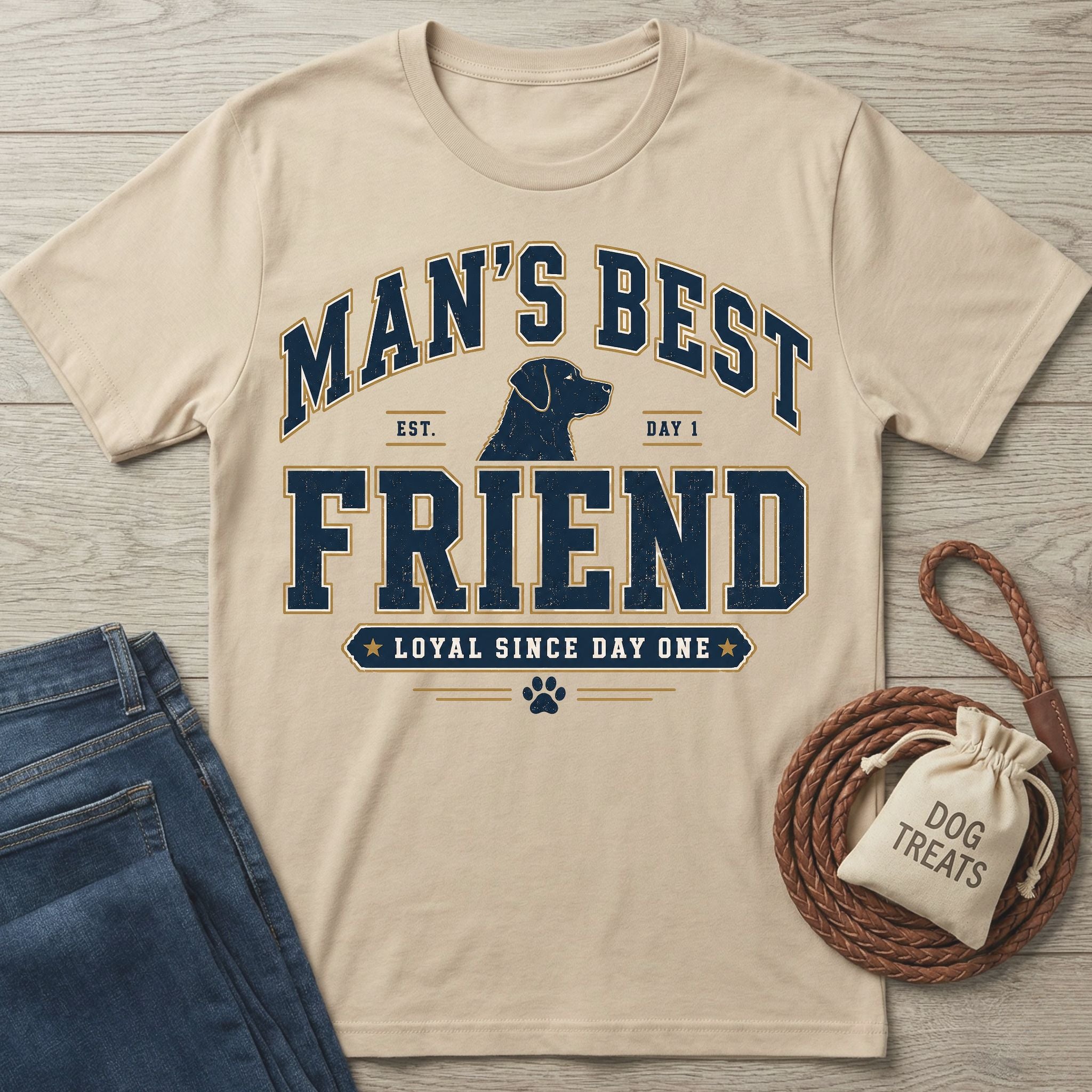 Beige crewneck t-shirt featuring a navy blue Man's Best Friend dog graphic with a paw print on a wooden background.