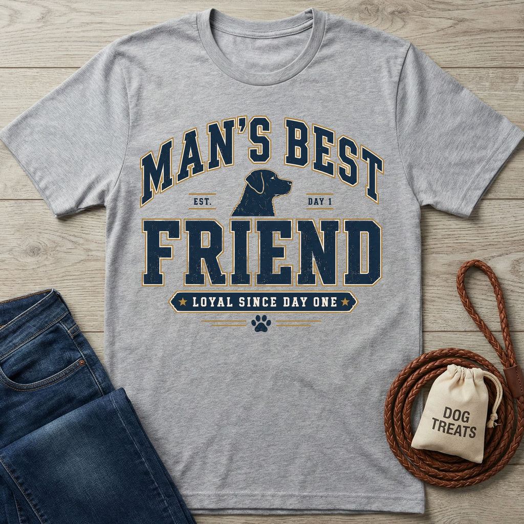 Grey crewneck t-shirt featuring a Man's Best Friend dog graphic with navy and gold lettering on a wooden background.
