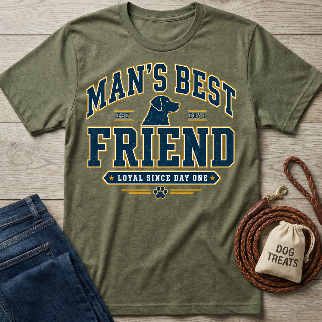 Olive green cotton t-shirt featuring a navy and gold Man's Best Friend dog graphic with a paw print on a wooden background.