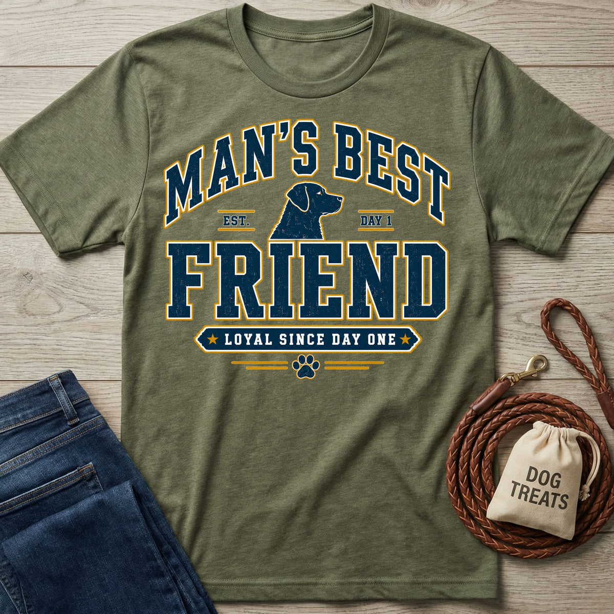 Olive green cotton t-shirt featuring a navy and gold Man's Best Friend dog graphic with a paw print on a wooden background.