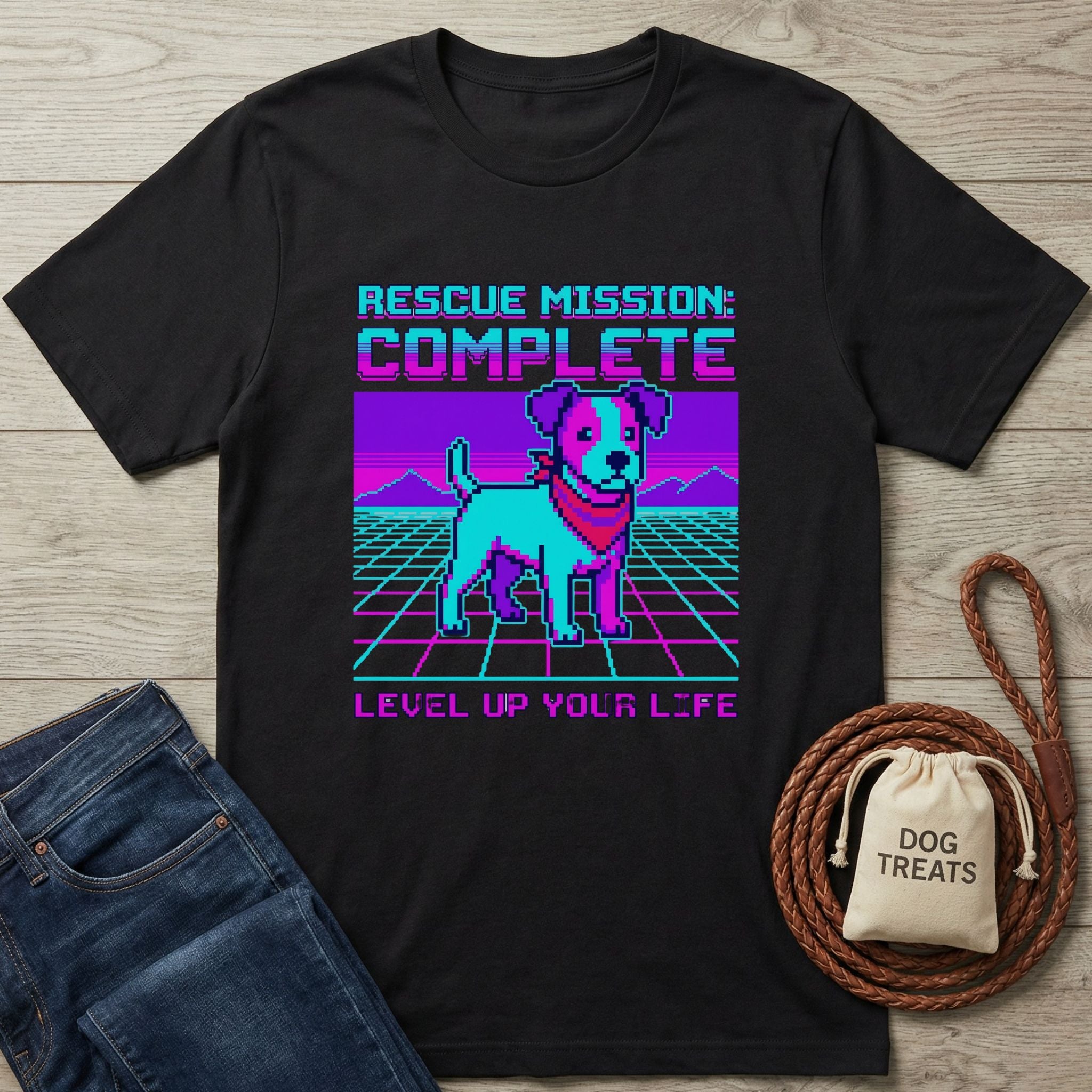 Black Gildan Softstyle® t-shirt with a retro pixel art dog and "Rescue Mission: Complete" design.
