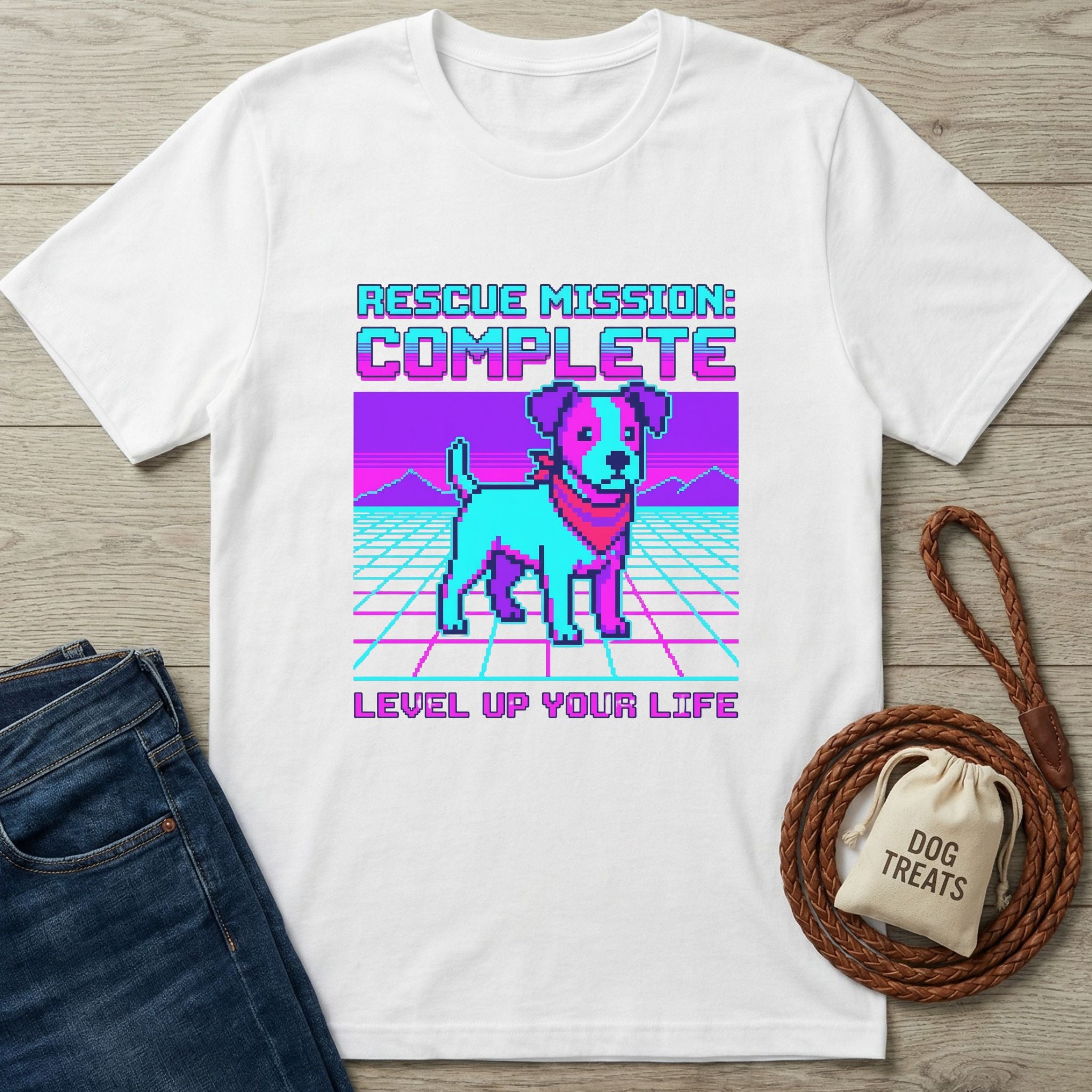 White Gildan Softstyle t-shirt with a pixel art dog and "Rescue Mission: Complete" design.