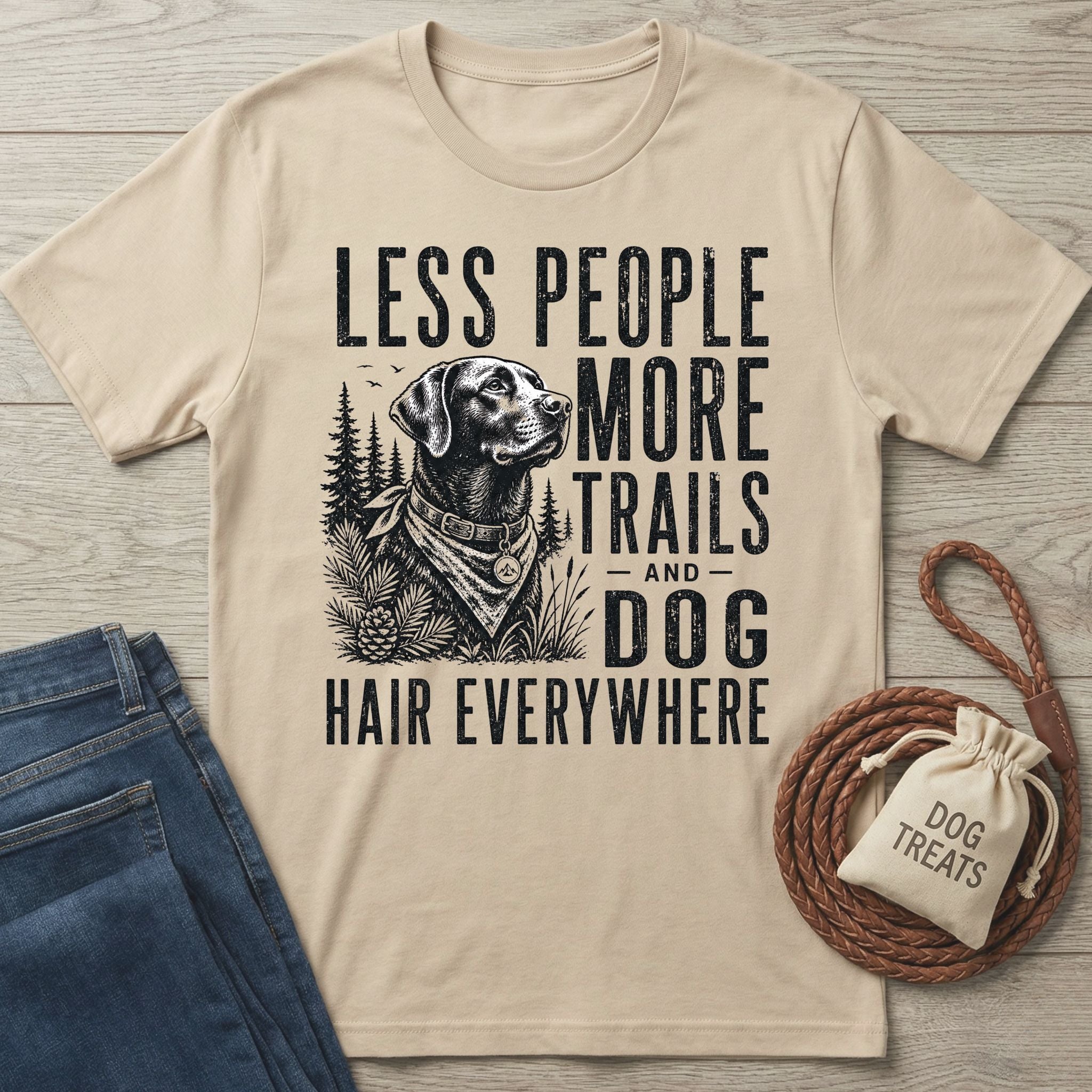 Beige crewneck t-shirt featuring a black graphic of a dog in the woods with the text Less People, More Trails, and Dog Hair.
