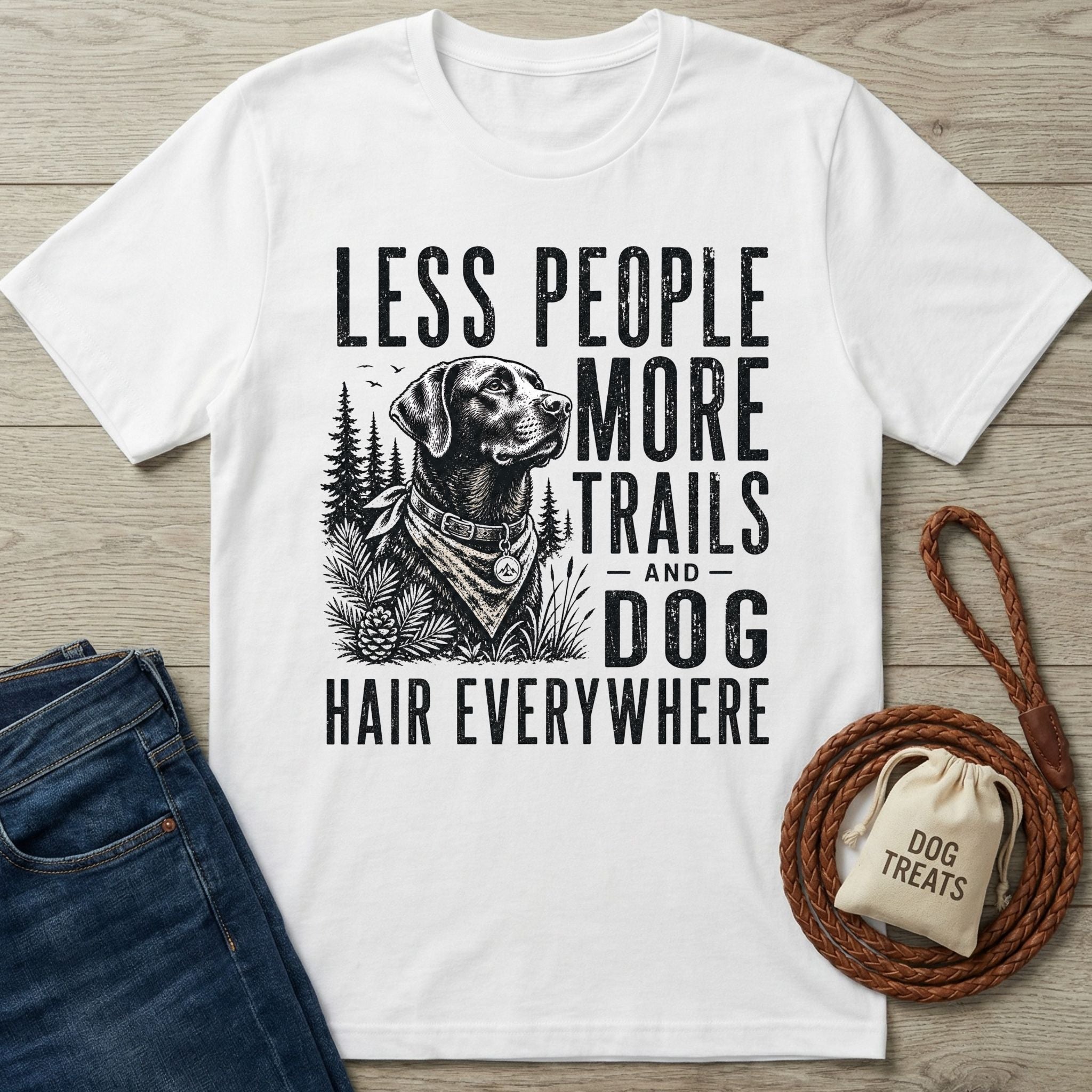 White crew neck t-shirt featuring a black graphic of a dog in the woods with the text Less People More Trails and Dog Hair Everywhere.