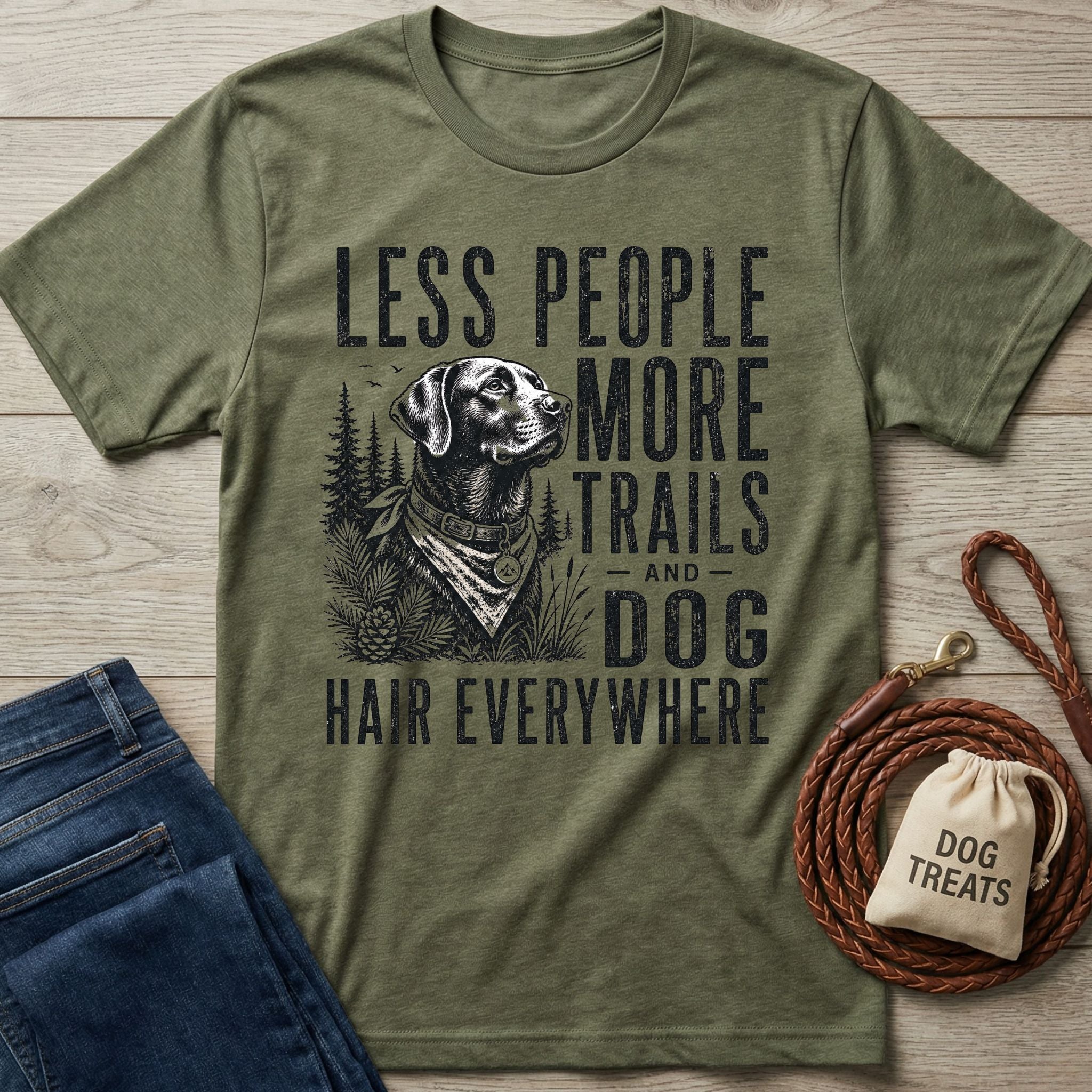 Olive green crewneck t-shirt featuring a black graphic of a dog in the woods with the text Less People More Trails.