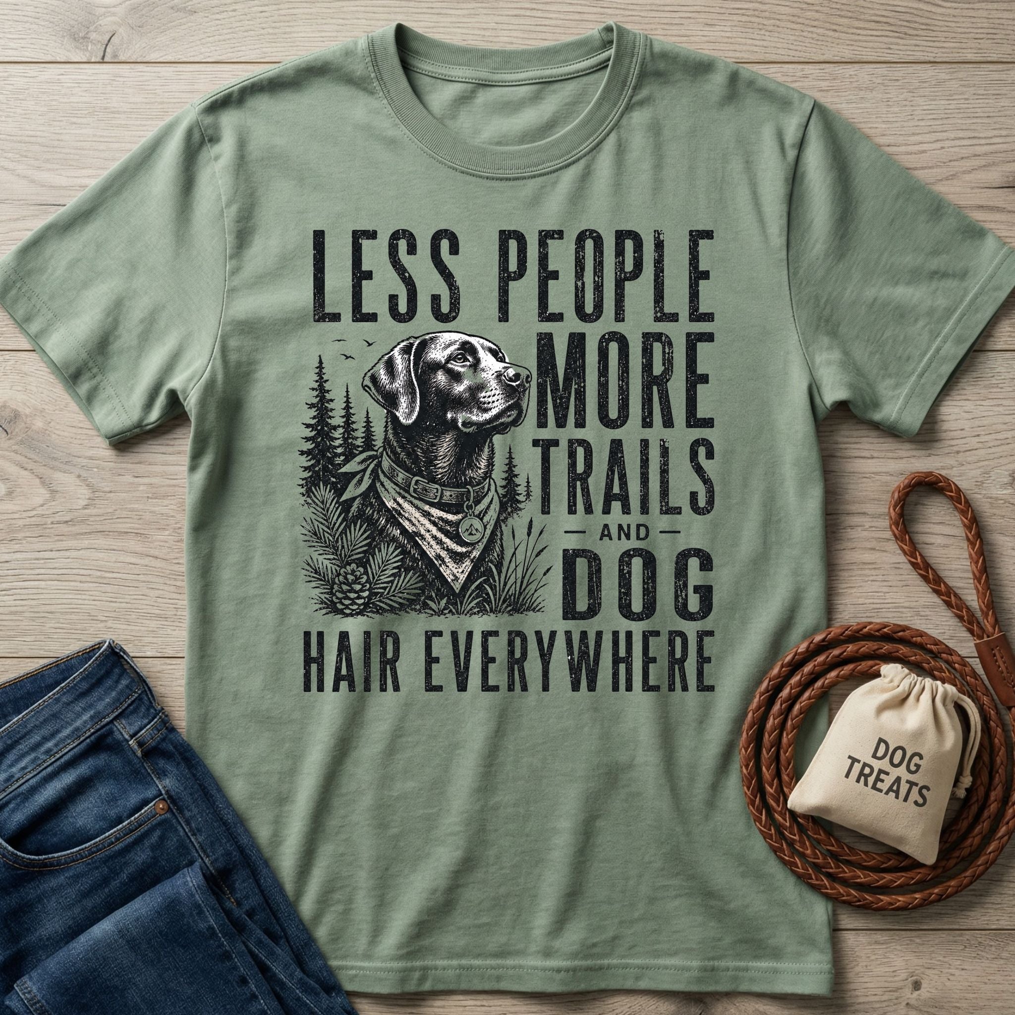 Sage green cotton t-shirt featuring a black graphic of a dog in the woods with the text Less People More Trails and Dog Hair.
