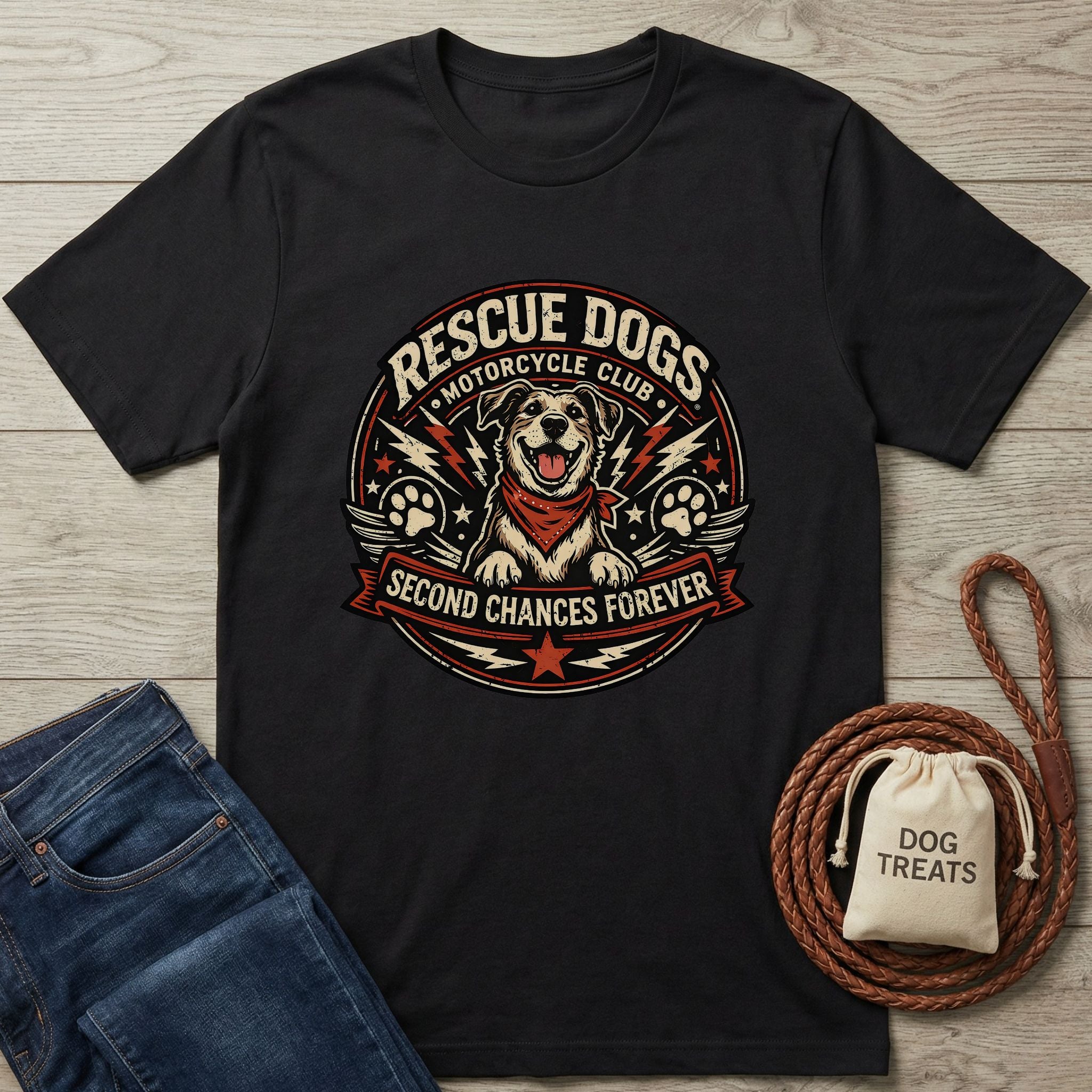 Black Gildan Softstyle t-shirt with "Rescue Dogs Motorcycle Club" graphic featuring a happy dog in a bandana.