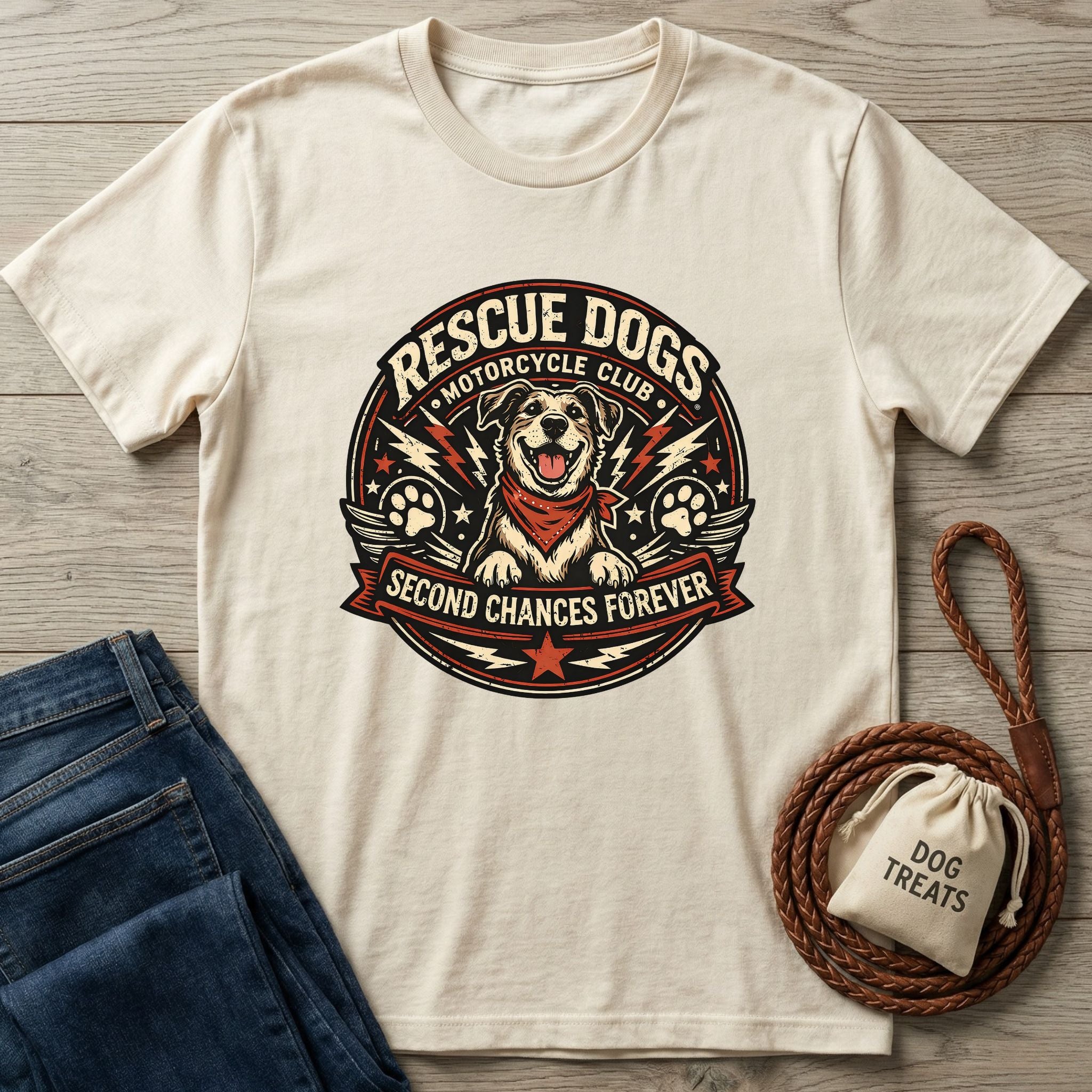 Cream Gildan Softstyle tee with "Rescue Dogs Motorcycle Club" graphic featuring a happy dog in a bandana.