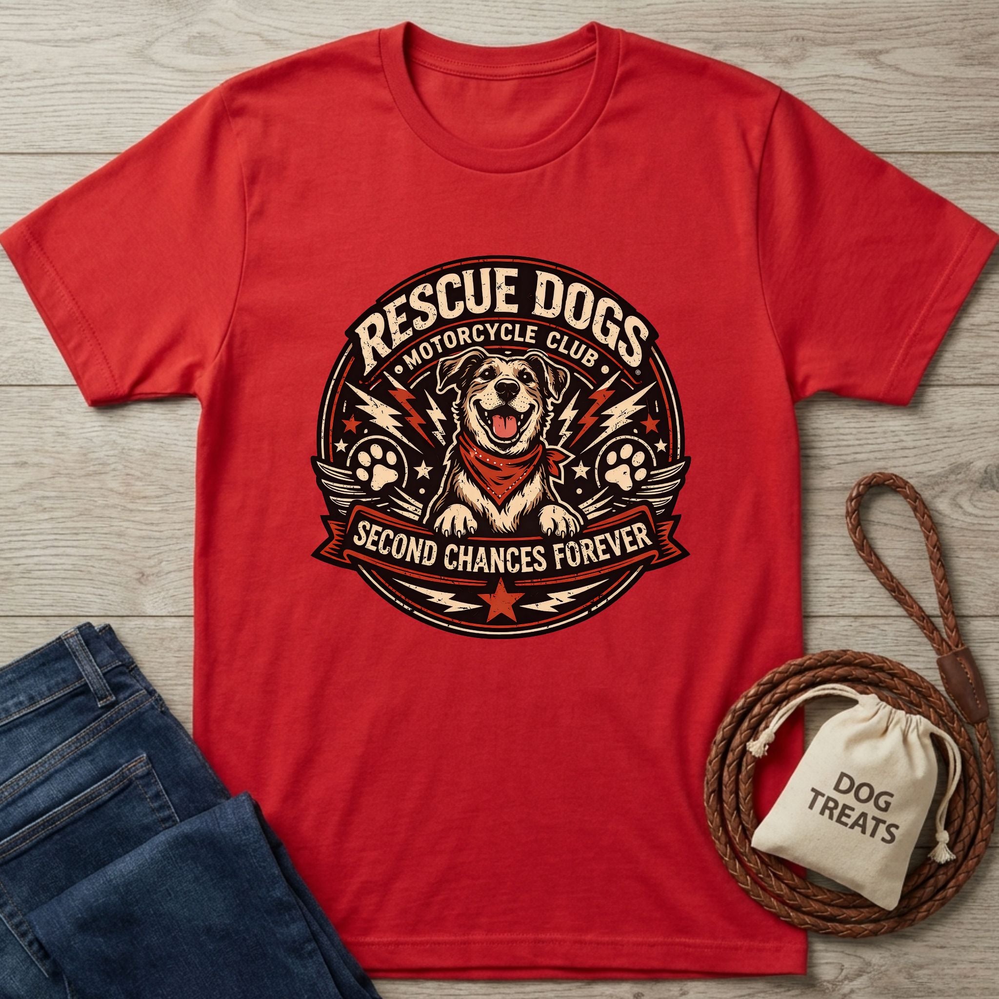 Red Gildan Softstyle t-shirt with "Rescue Dogs Motorcycle Club" graphic featuring a happy dog in a bandana.