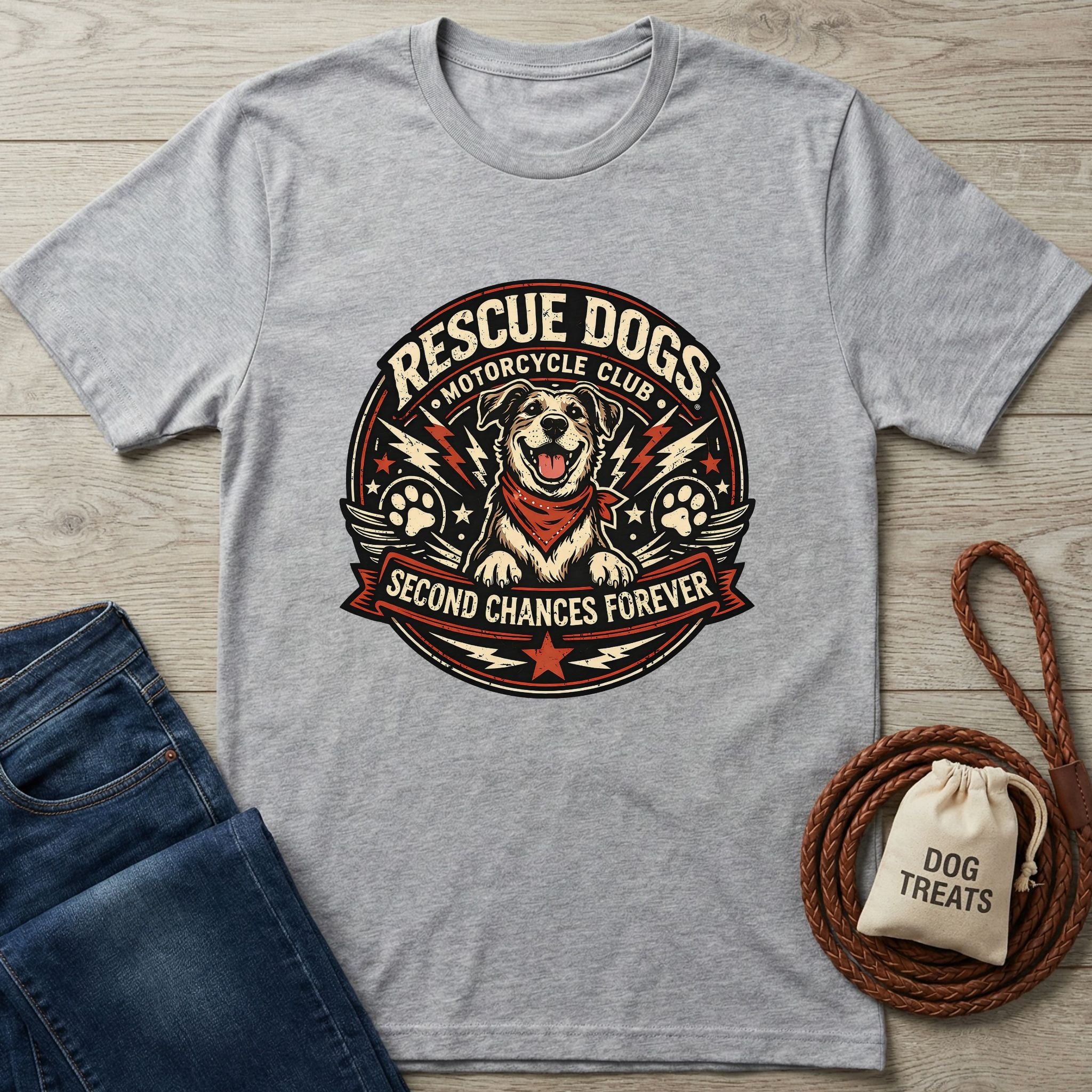 Gray Gildan Softstyle t-shirt with "Rescue Dogs Motorcycle Club" graphic featuring a happy dog in a bandana.