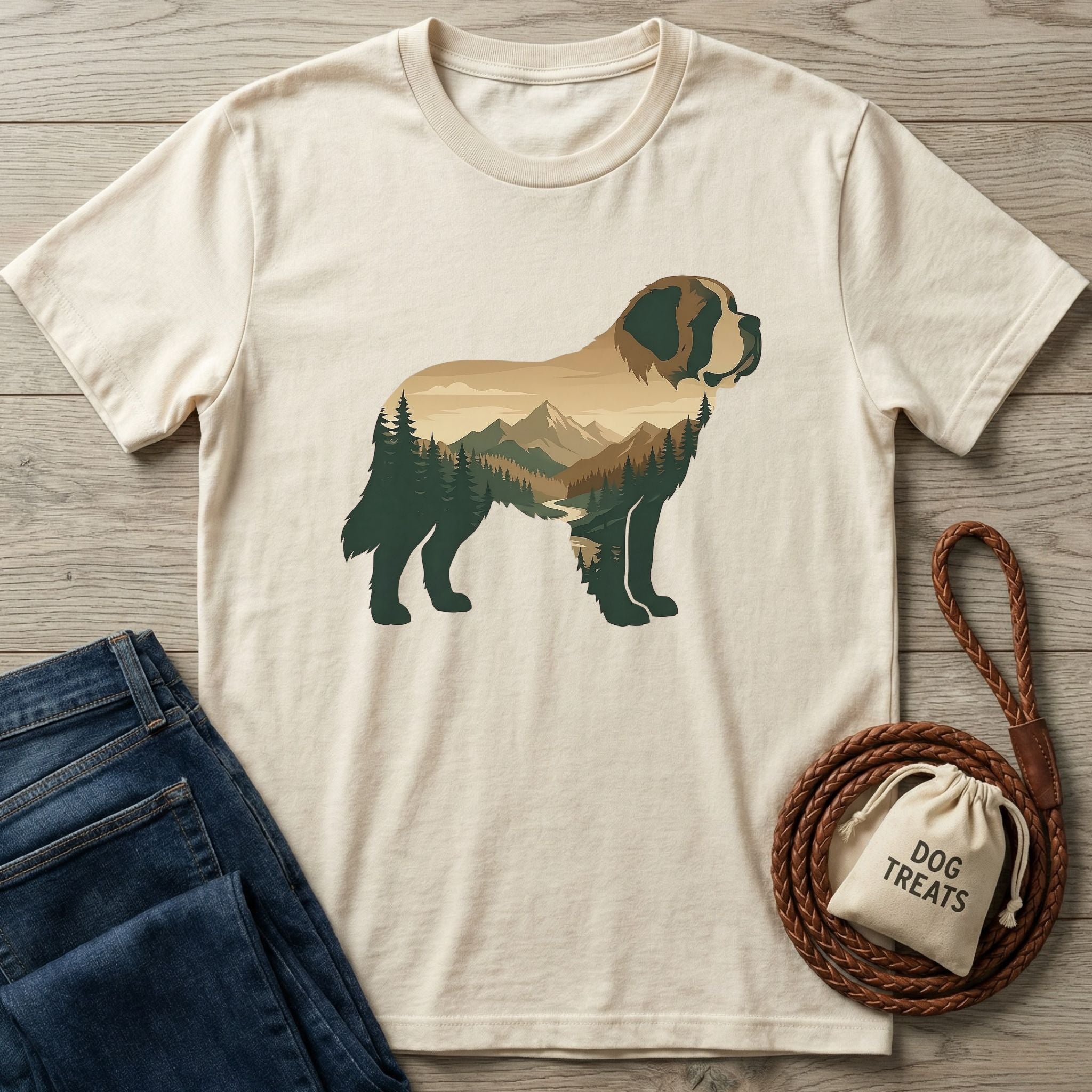 Cream Gildan Softstyle T-shirt with a St. Bernard silhouette filled with a mountain and forest landscape.