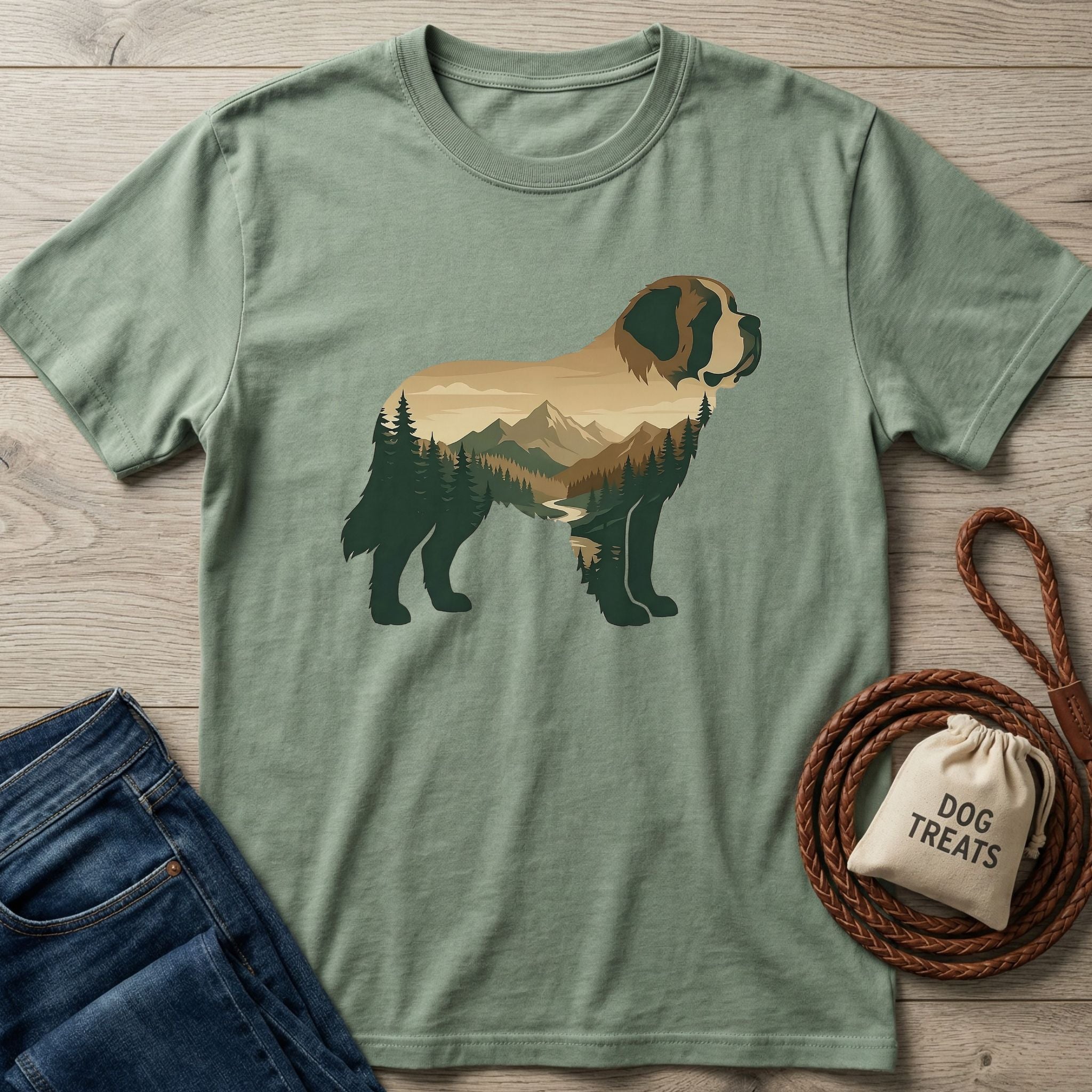 Sage green Gildan Softstyle t-shirt with a double exposure graphic of a St. Bernard and mountain landscape.