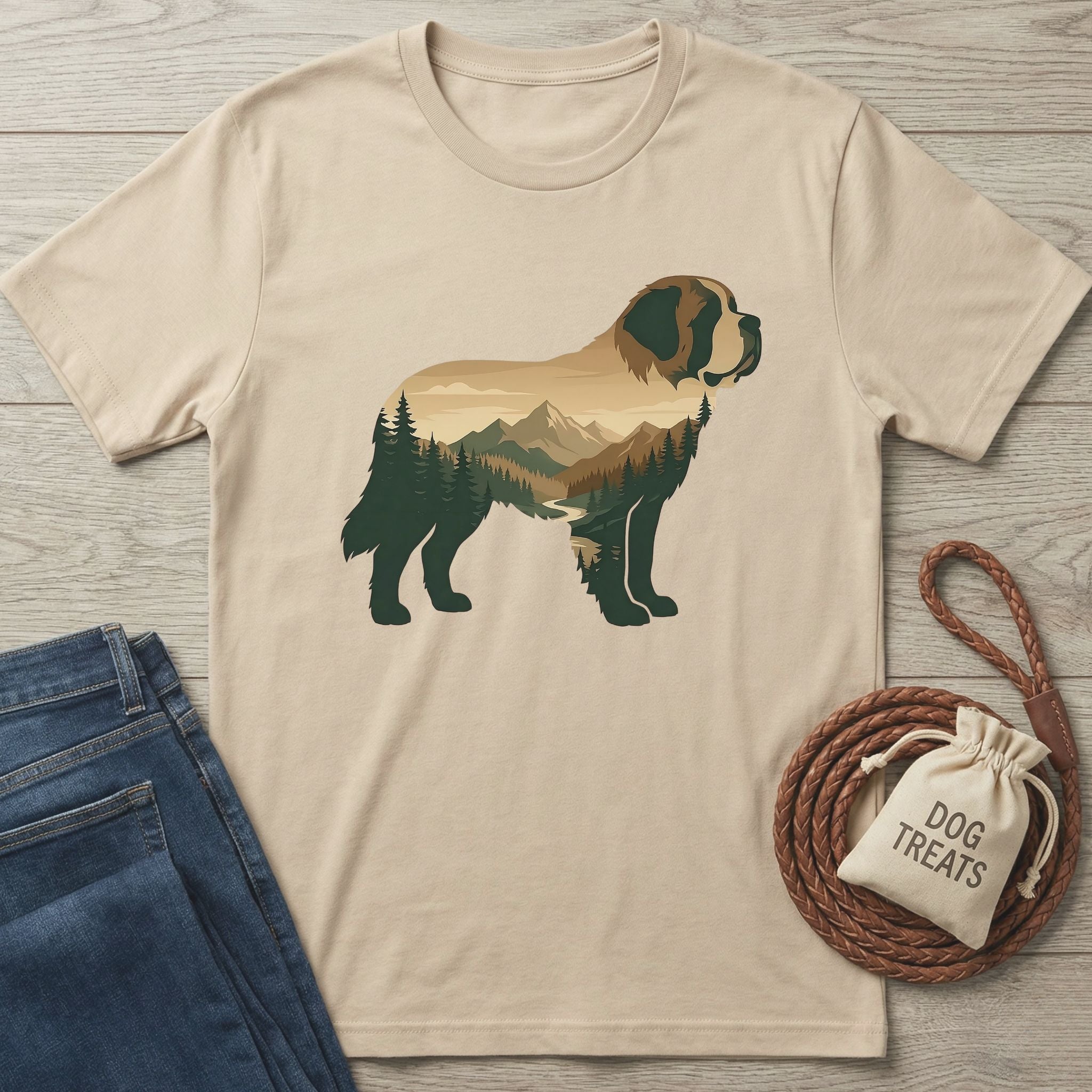 Beige Gildan Softstyle® T-shirt with a St. Bernard silhouette filled with a mountain and forest landscape.
