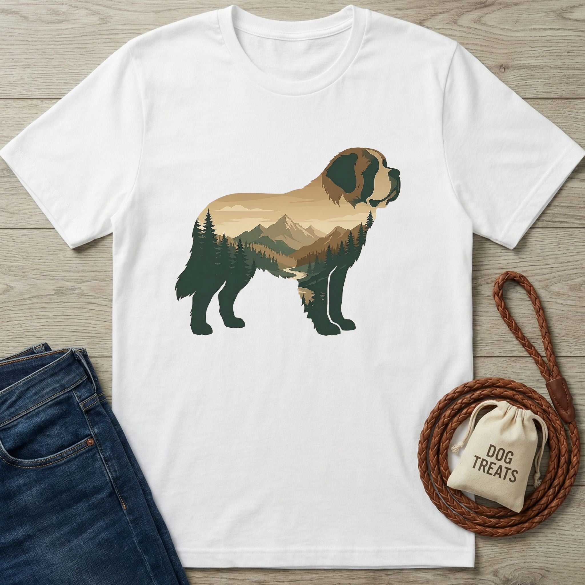 White Gildan Softstyle t-shirt with a brown and green mountain dog graphic, next to jeans and dog treats.
