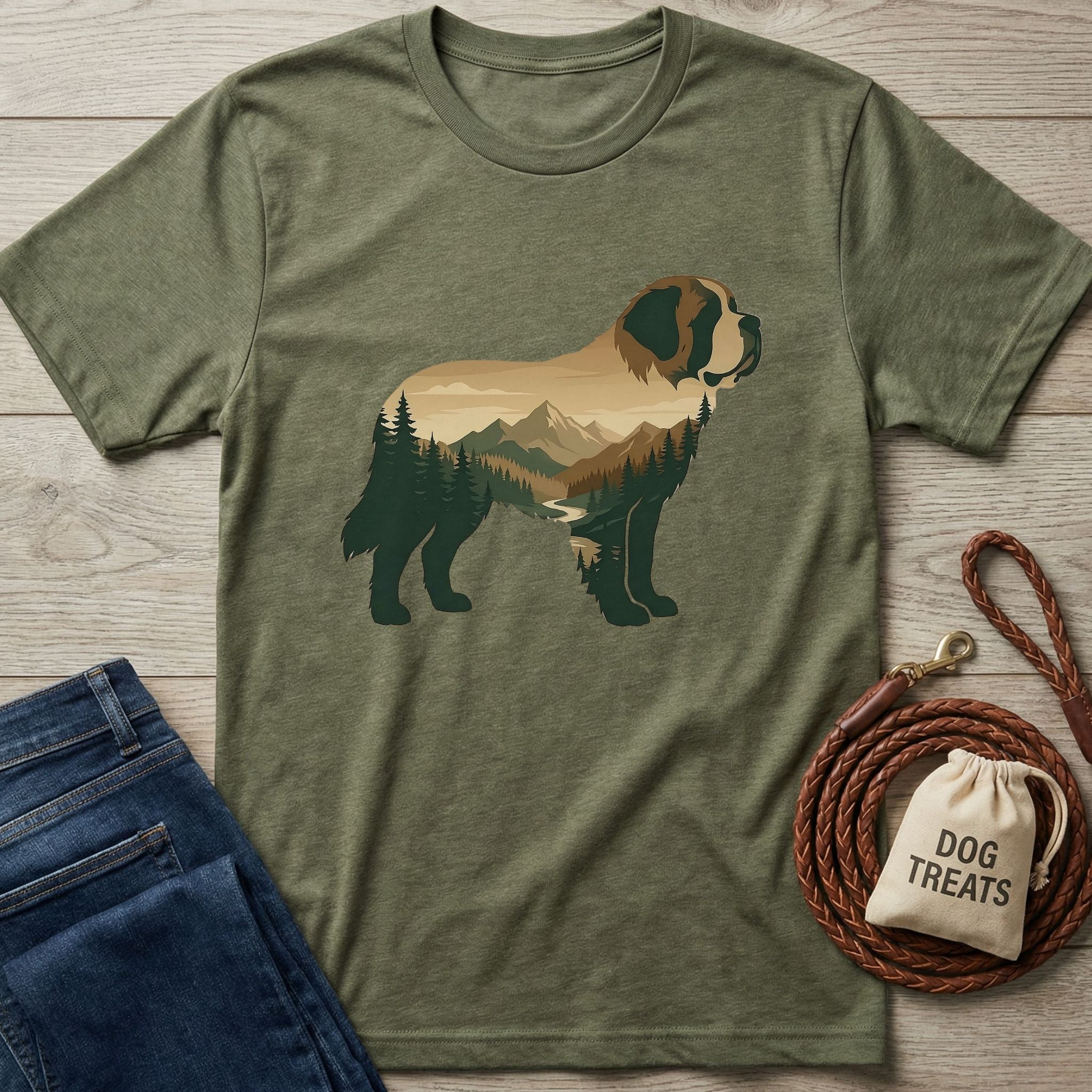 Olive green Gildan Softstyle t-shirt with a Saint Bernard silhouette filled with a mountain and forest landscape.