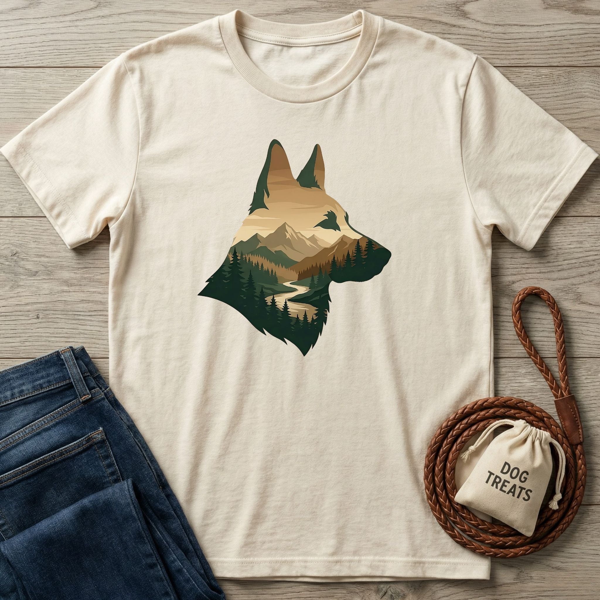 Cream Gildan Softstyle® t-shirt with a mountain and forest silhouette of a dog's head, next to jeans and a treat bag.