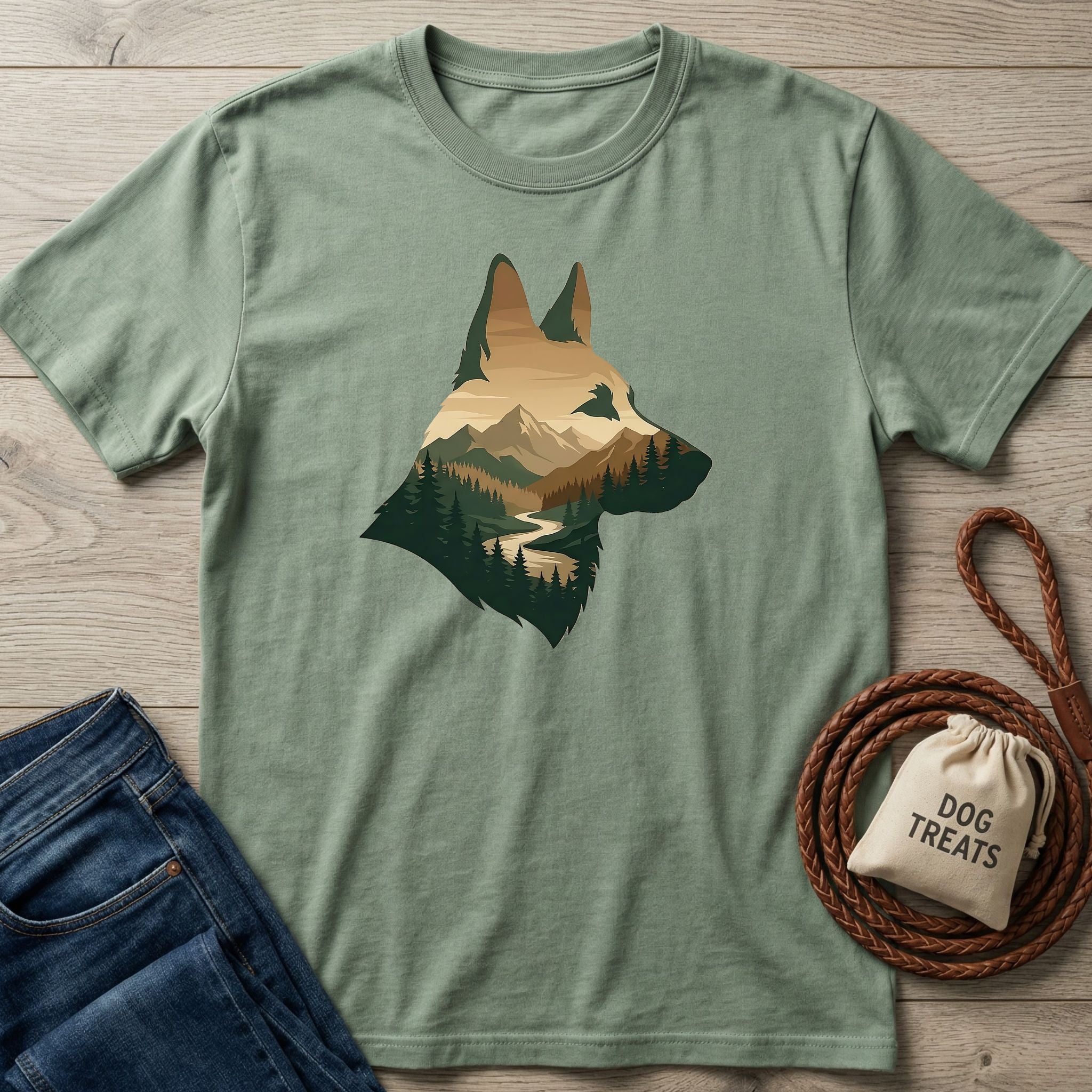 Sage green Gildan Softstyle® t-shirt with a mountain and forest dog silhouette graphic, next to jeans and dog treats.