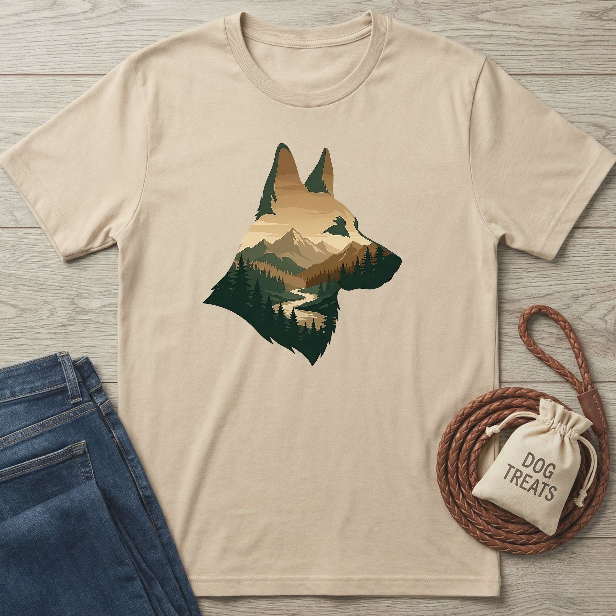 Beige Gildan Softstyle t-shirt with a mountain and forest landscape inside a dog silhouette.