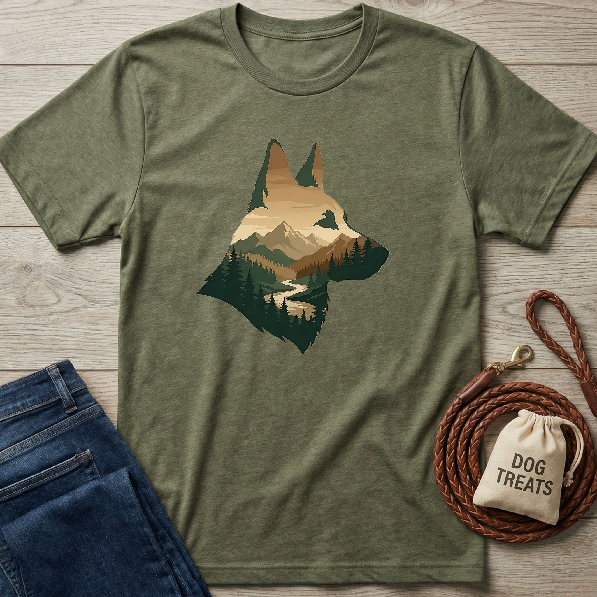 Olive green Gildan Softstyle® t-shirt with a mountain and forest dog silhouette graphic.