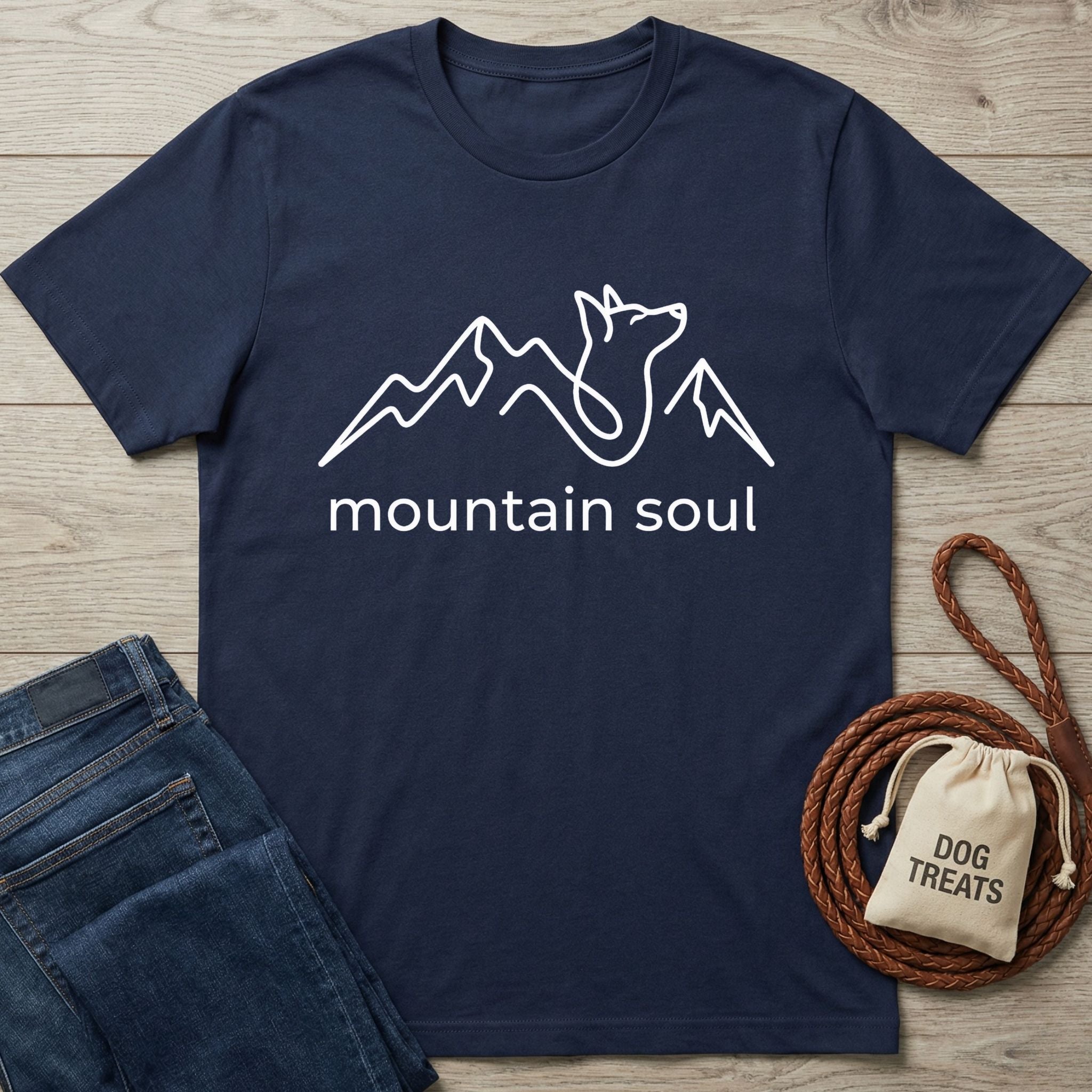 Navy blue Gildan Softstyle t-shirt with a white "mountain soul" graphic featuring a dog and mountains.