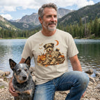 Man wearing a beige t-shirt with a mummy dog, jack-o'-lanterns, and skull graphic, posing with a dog by a mountain lake.