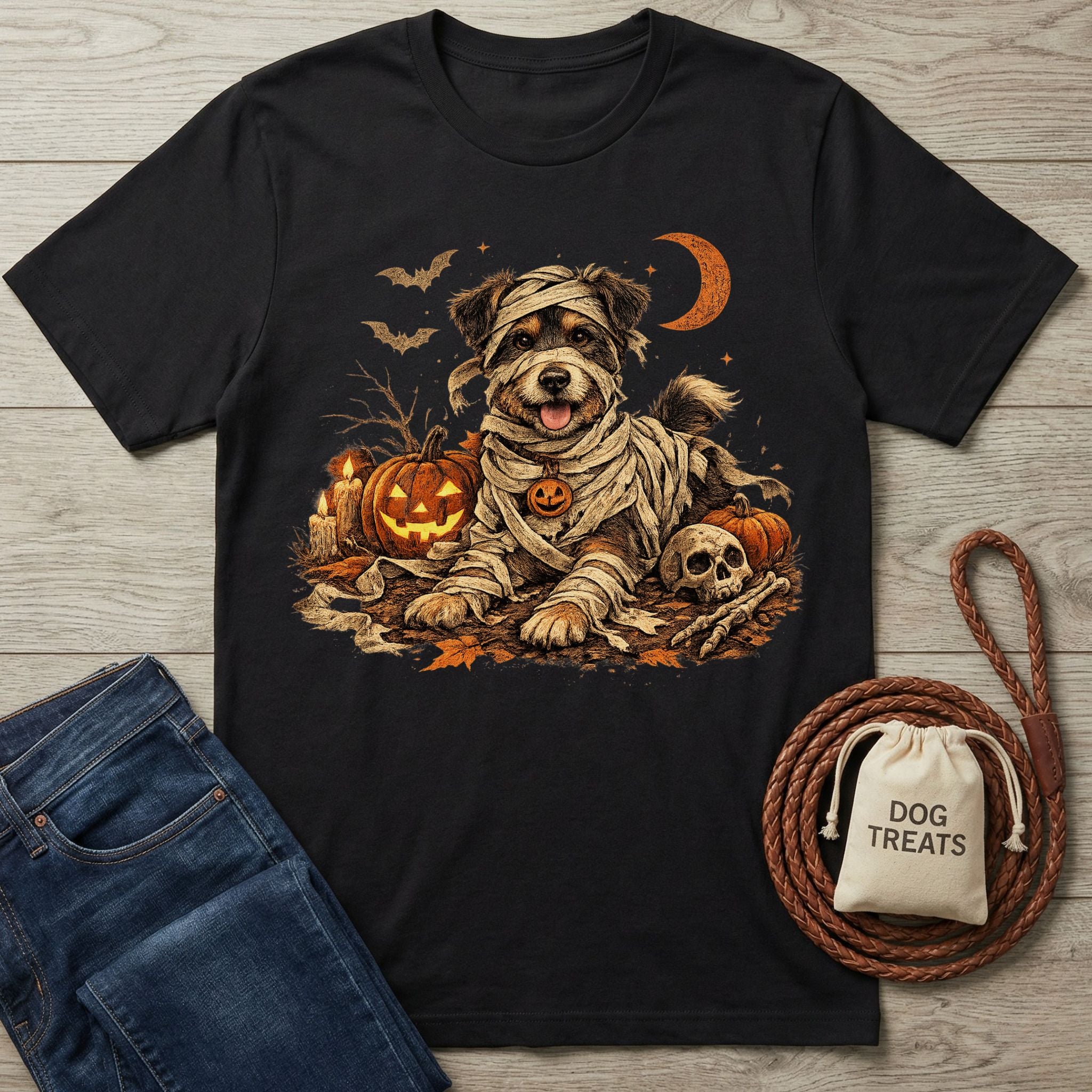 Black cotton t-shirt featuring a cute dog dressed as a mummy with pumpkins, a skull, and a crescent moon graphic.