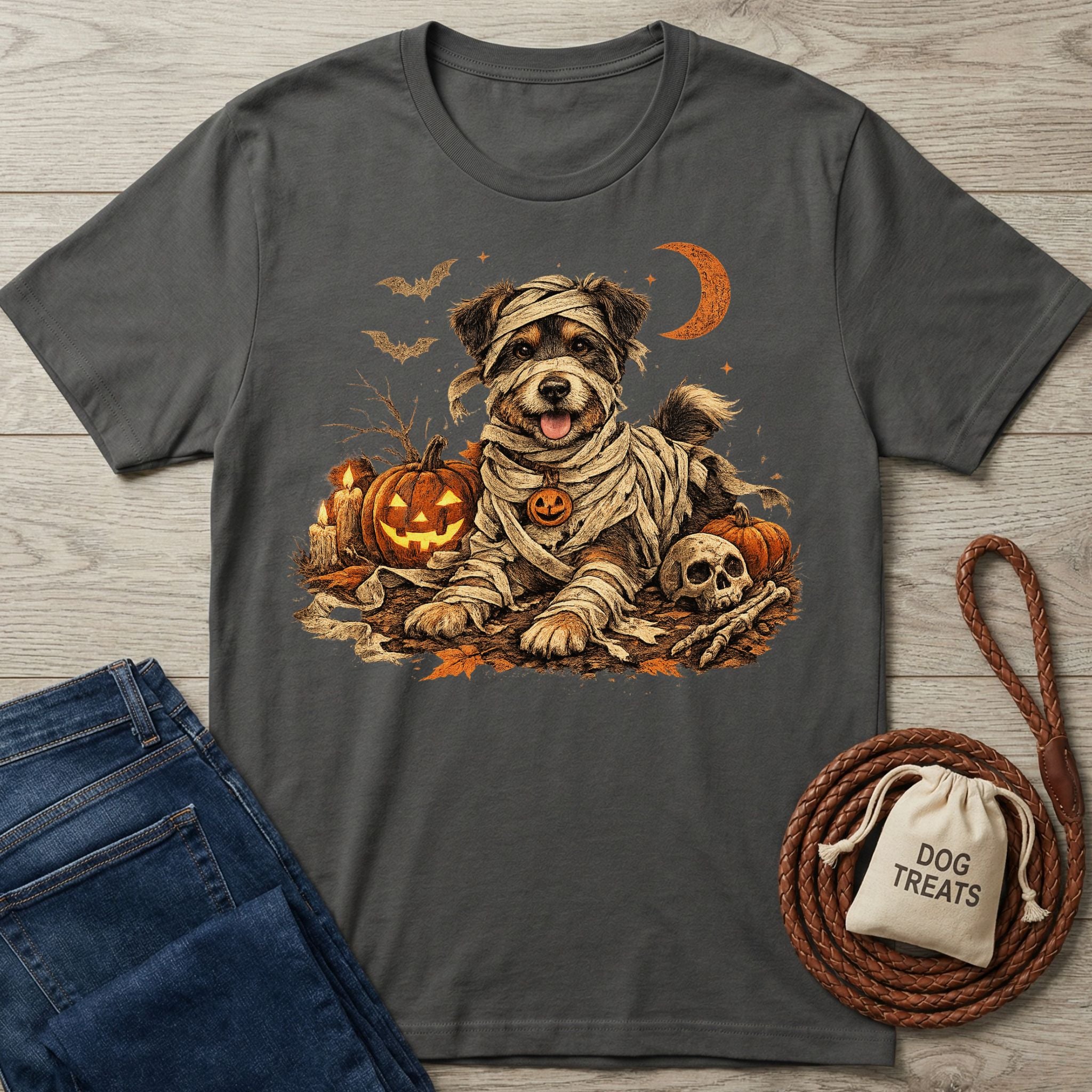 Charcoal grey t-shirt featuring a cute dog in a mummy costume, jack-o'-lanterns, and a skull for a spooky Halloween design.