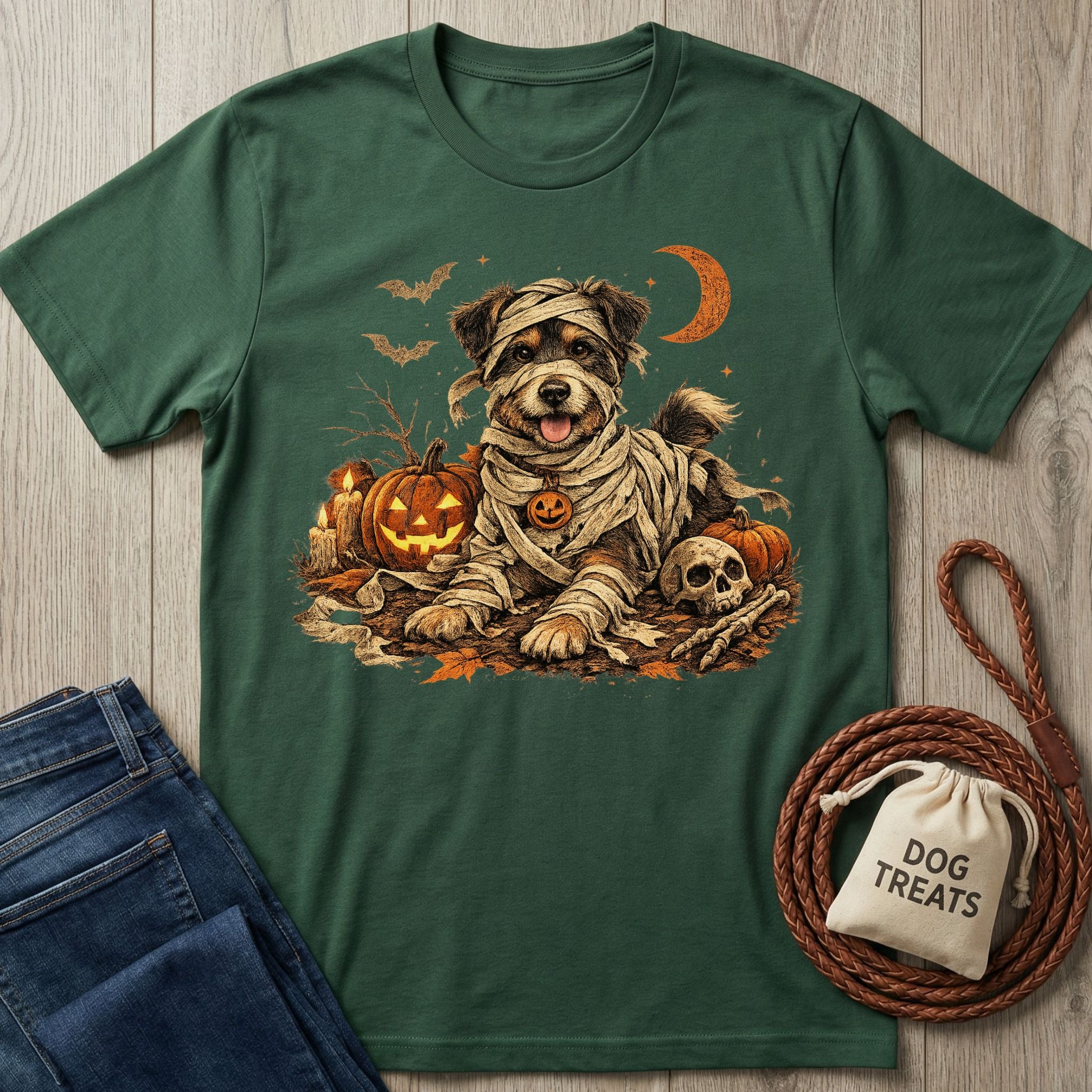 A dark green short-sleeve t-shirt with a Halloween dog graphic, styled in a flat-lay on a light wood background with jeans, a rope, and a small bag labeled 'DOG TREATS'.