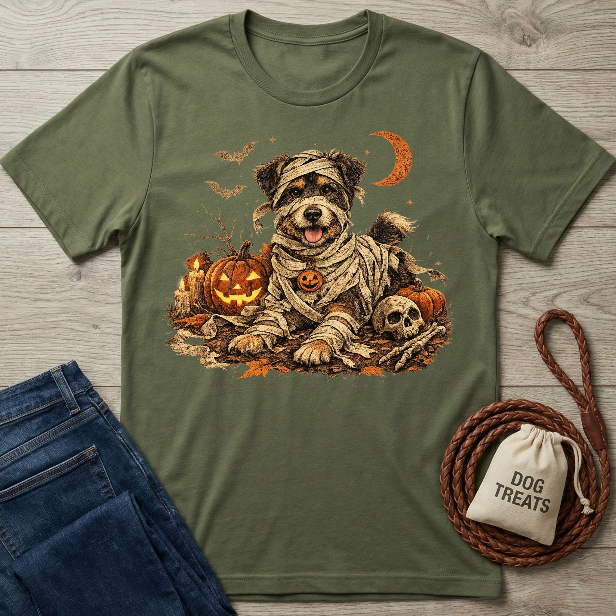 Olive green crewneck t-shirt featuring a cute dog dressed as a mummy among jack-o'-lanterns, a skull, and a crescent moon.