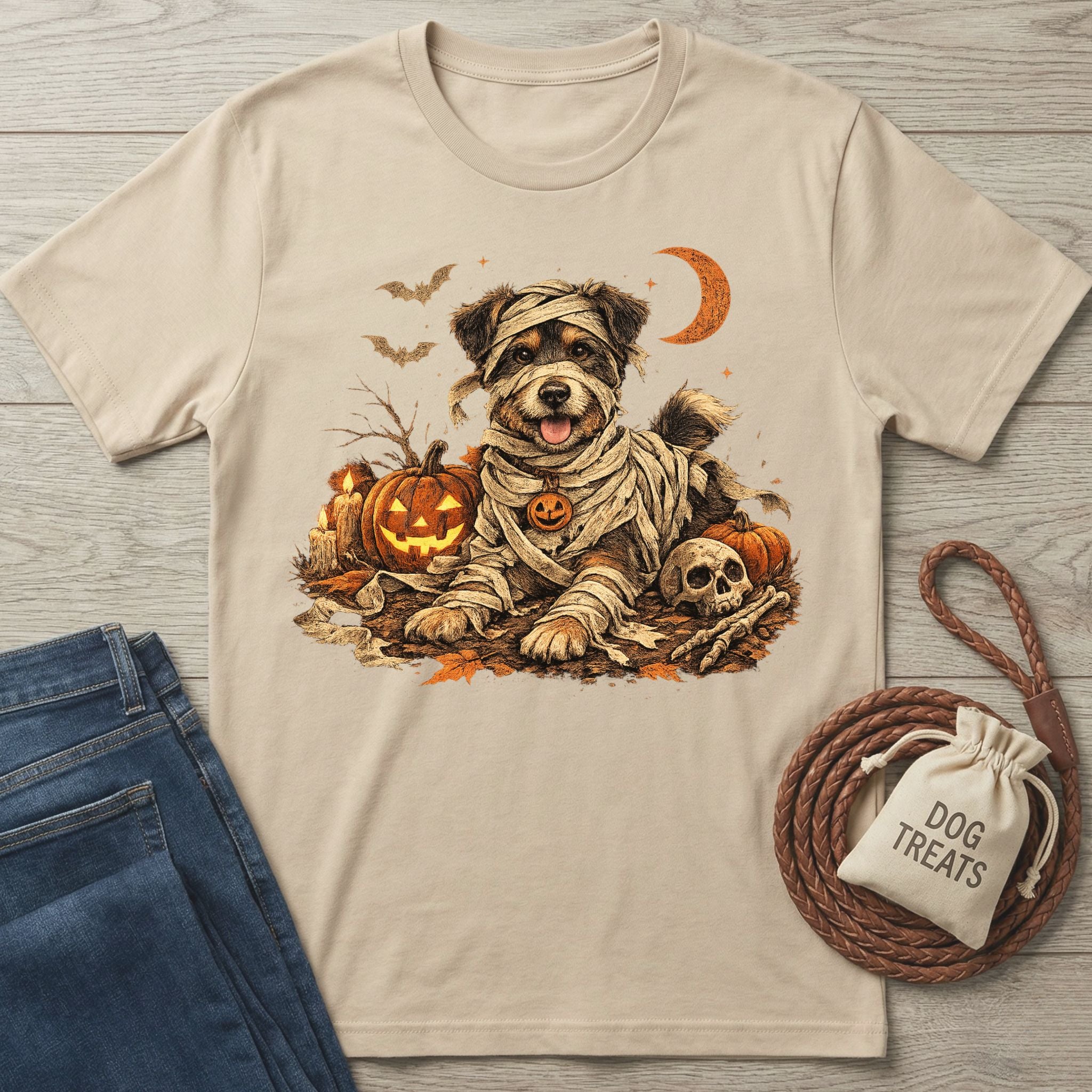 Beige crewneck t-shirt featuring a cute dog in a mummy costume surrounded by jack-o'-lanterns and a skull.