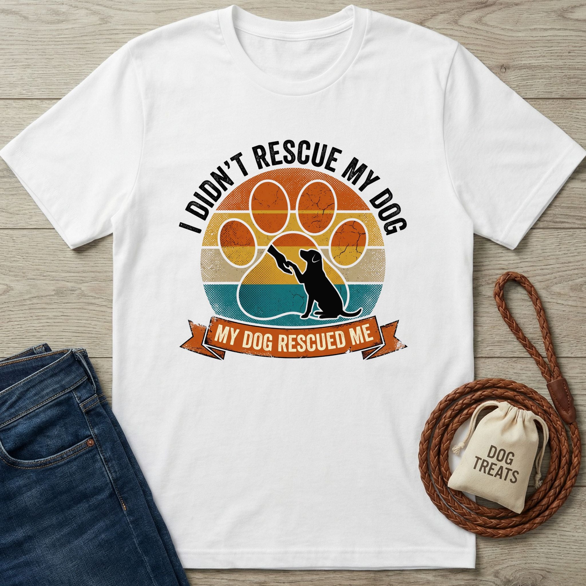 White Gildan Softstyle® 64000 t-shirt with "My Dog Rescued Me" paw print graphic.