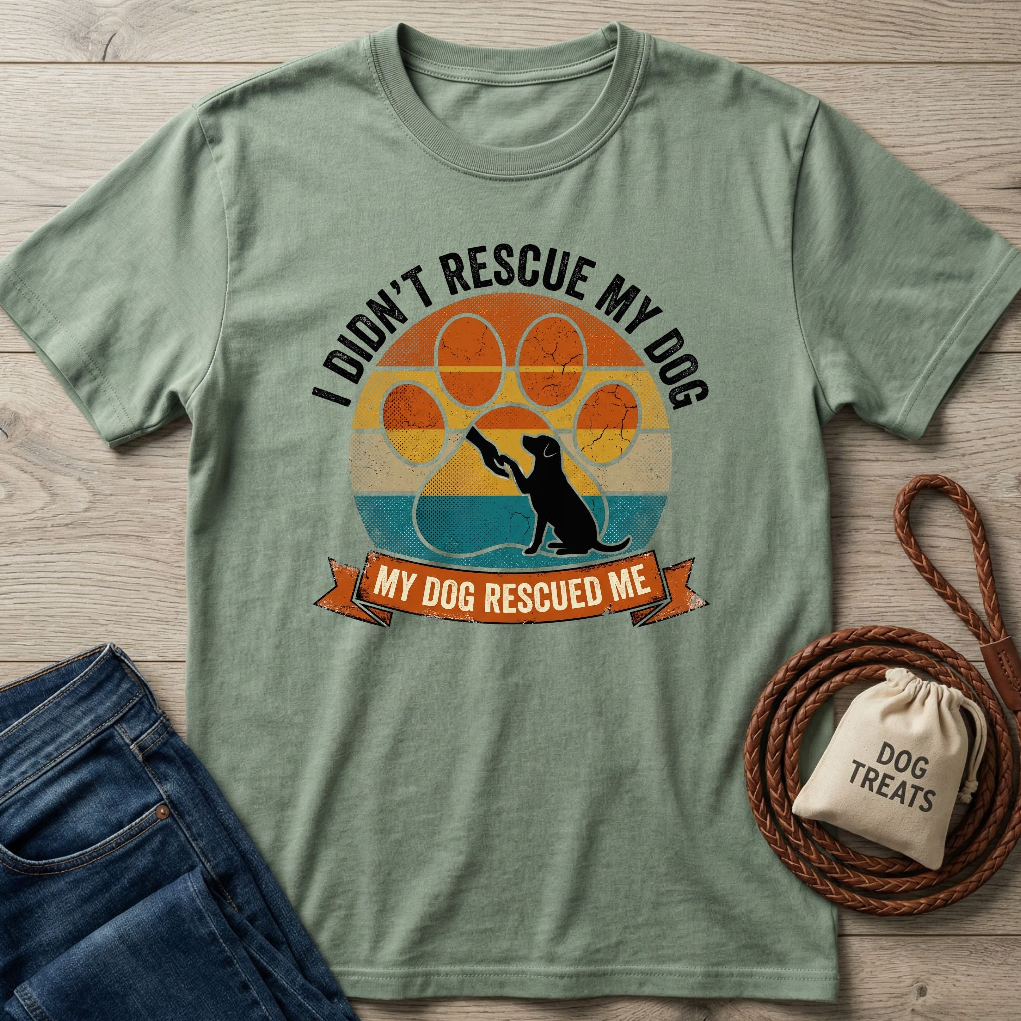 Sage green Gildan Softstyle® 64000 t-shirt with "My Dog Rescued Me" graphic, next to jeans and dog treats.