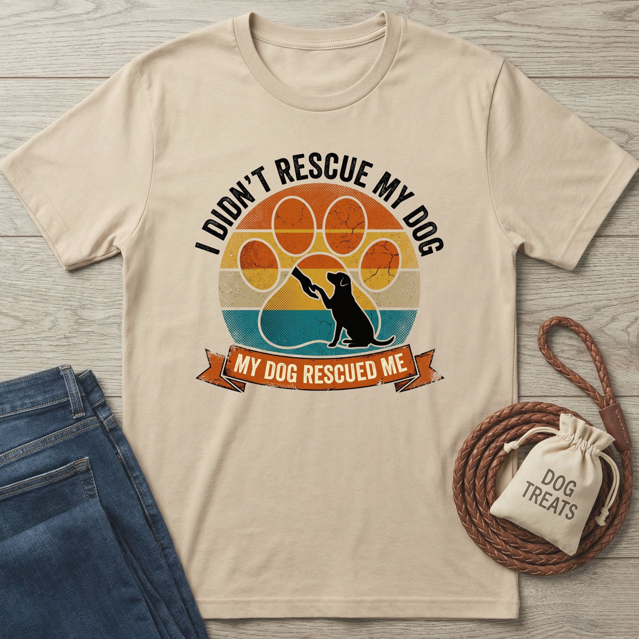 Beige Gildan Softstyle® 64000 t-shirt with "I Didn't Rescue My Dog, My Dog Rescued Me" graphic.